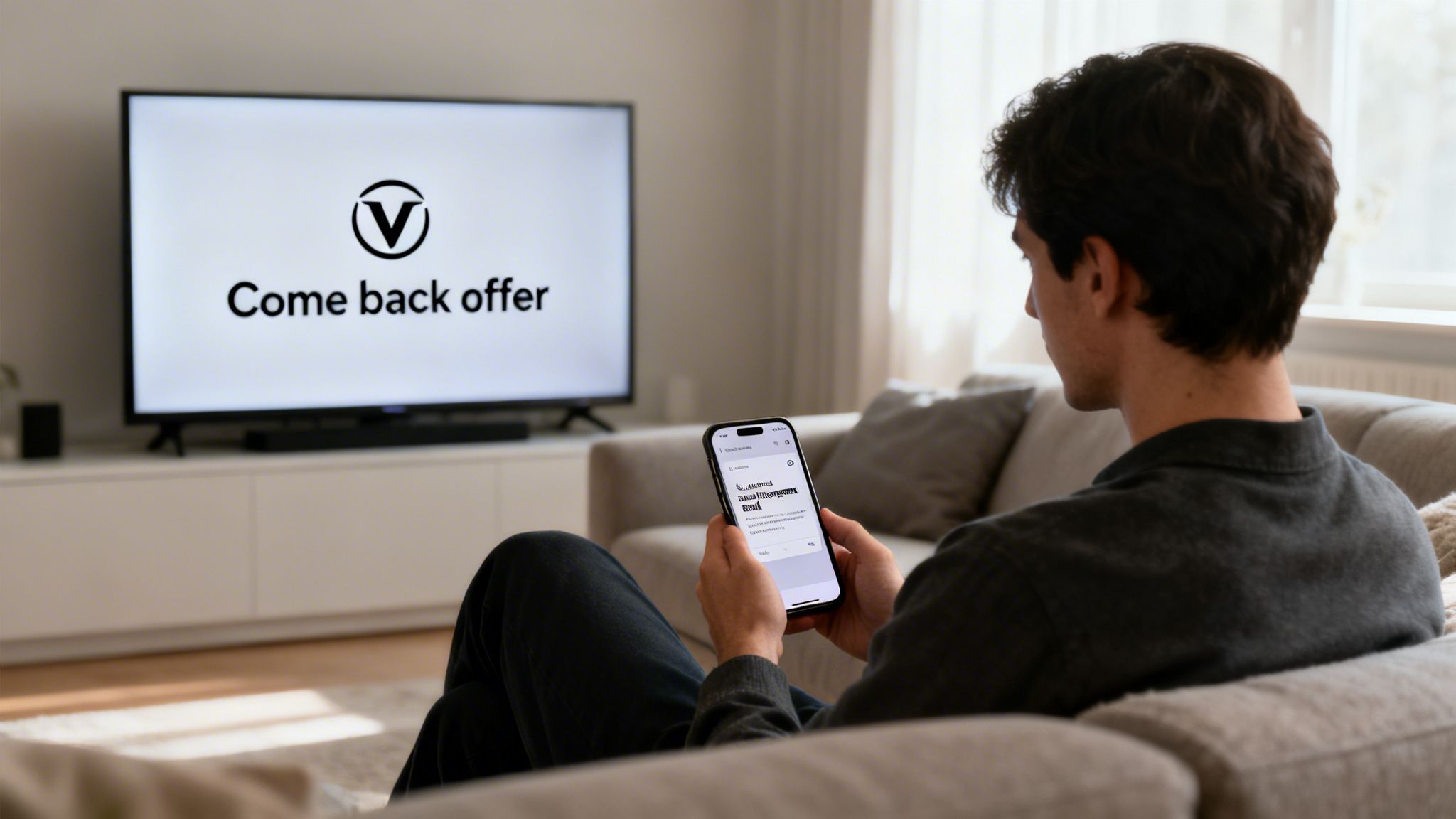 A man on a couch scrolls his phone, with a TV displaying a 'Come back offer' in the background.
