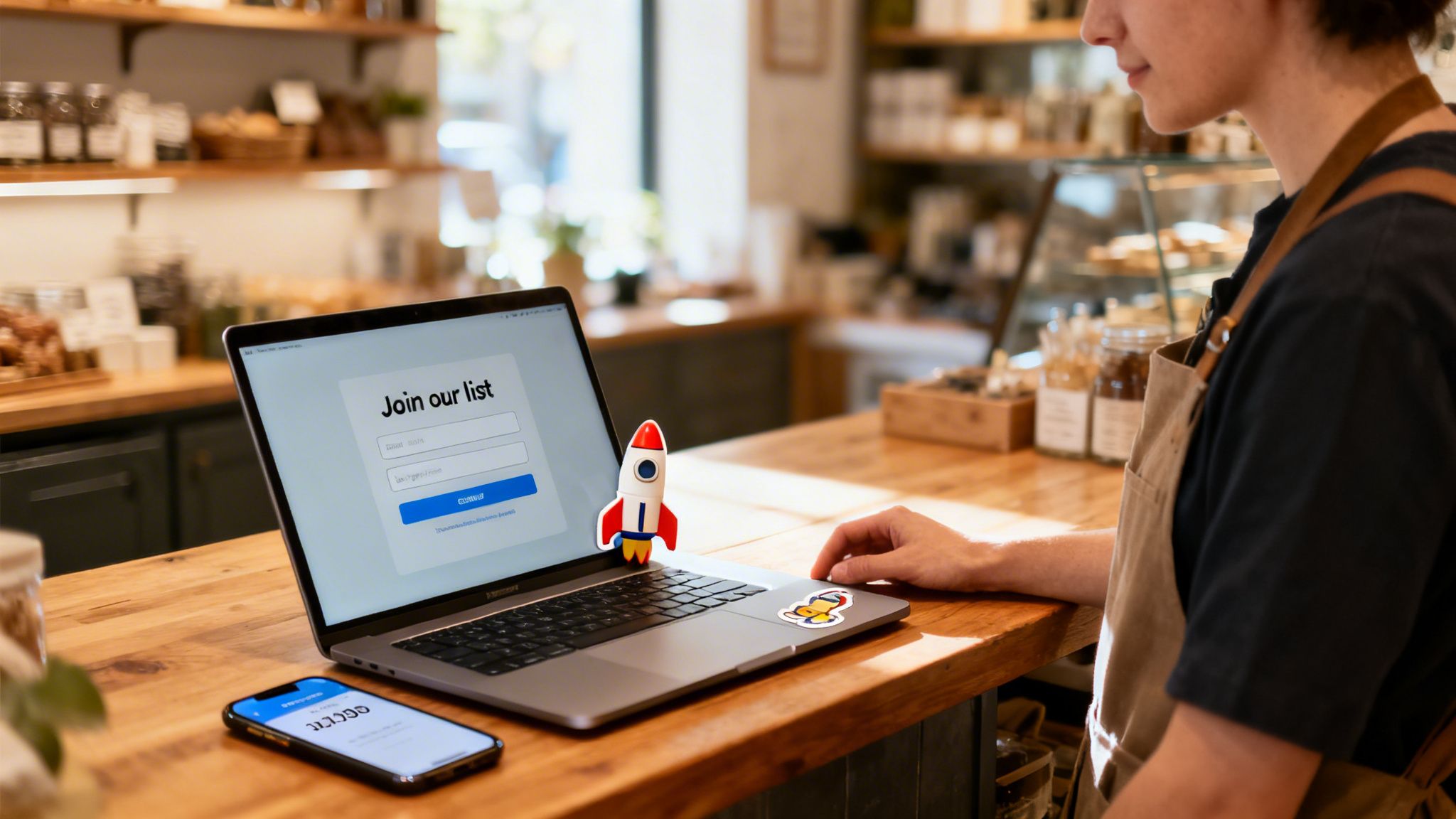 A person in a cafe setting looks at a laptop displaying an email list signup form.