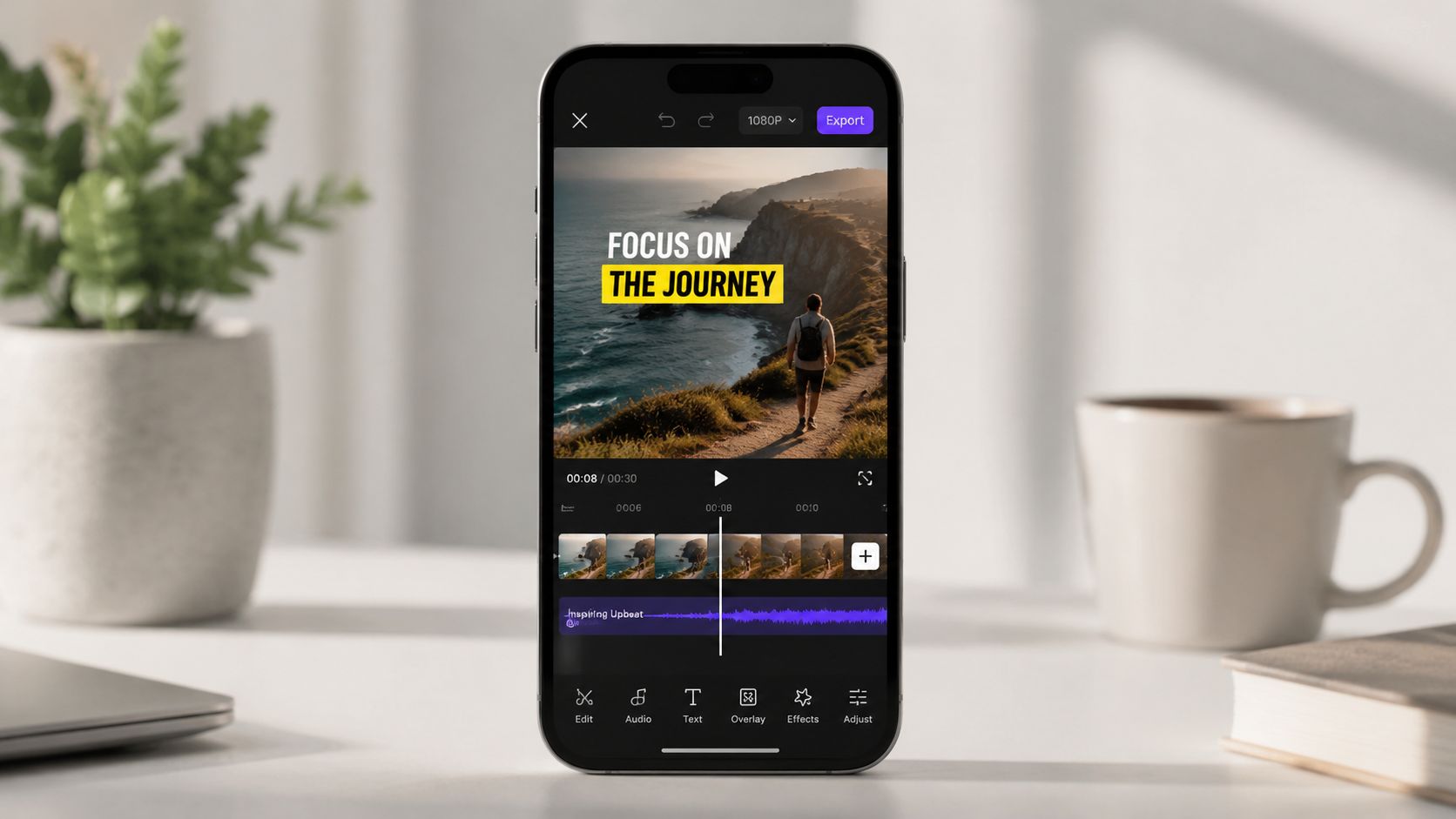 A smartphone display showing a video editing app interface with the text Focus On The Journey.