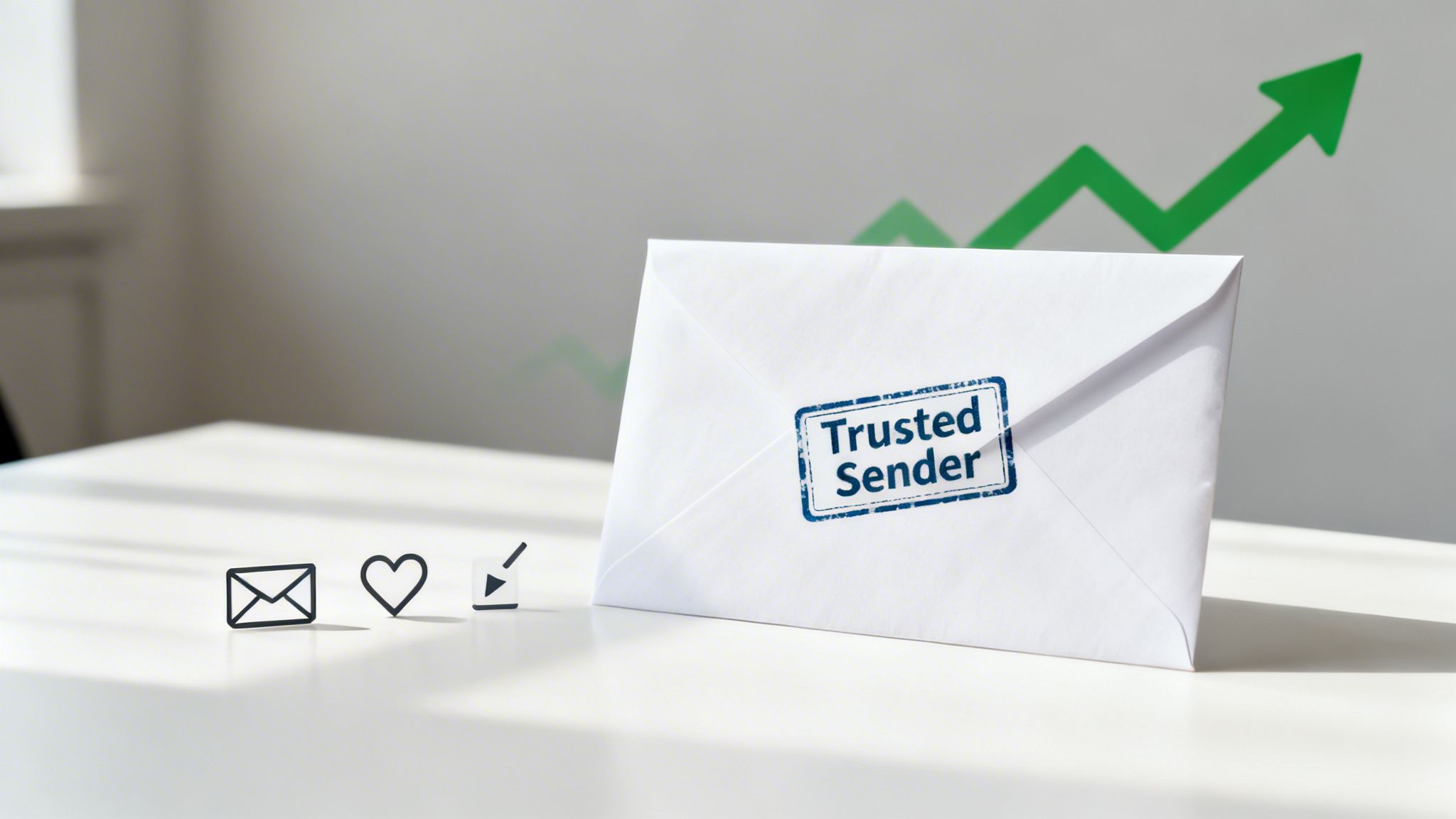 A white envelope with 'Trusted Sender' stamp, email icons, and a rising green arrow in the background.