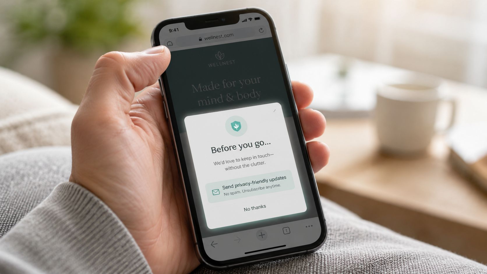 A person holding a smartphone showing an exit-intent pop-up on a wellness website while browsing.