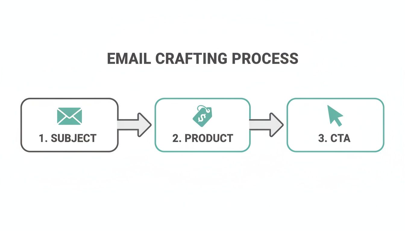 A flowchart illustrating the email crafting process with steps: Subject, Product, and CTA.