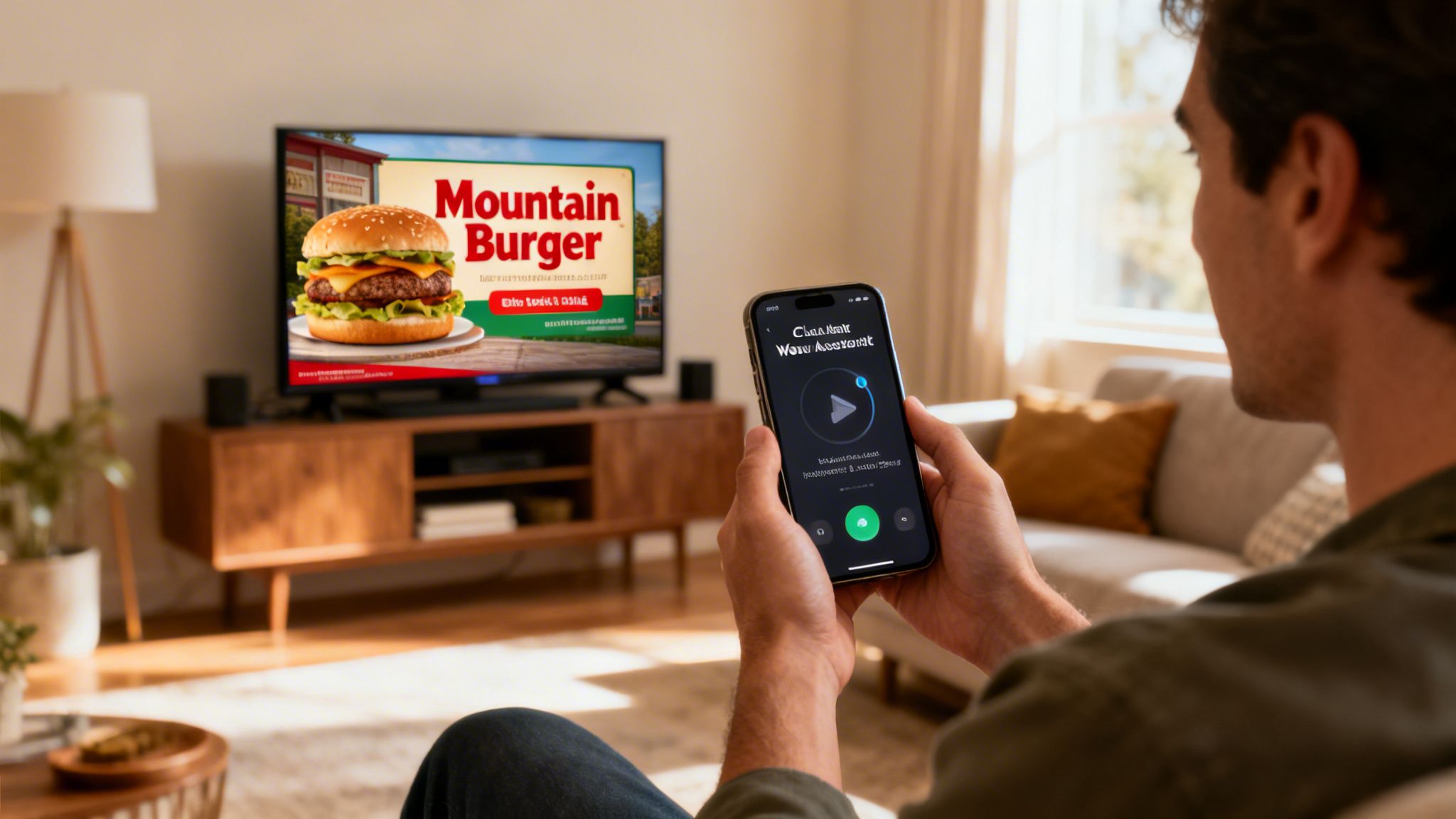 Man holding smartphone with a voice assistant app, watching a burger ad on a living room TV.