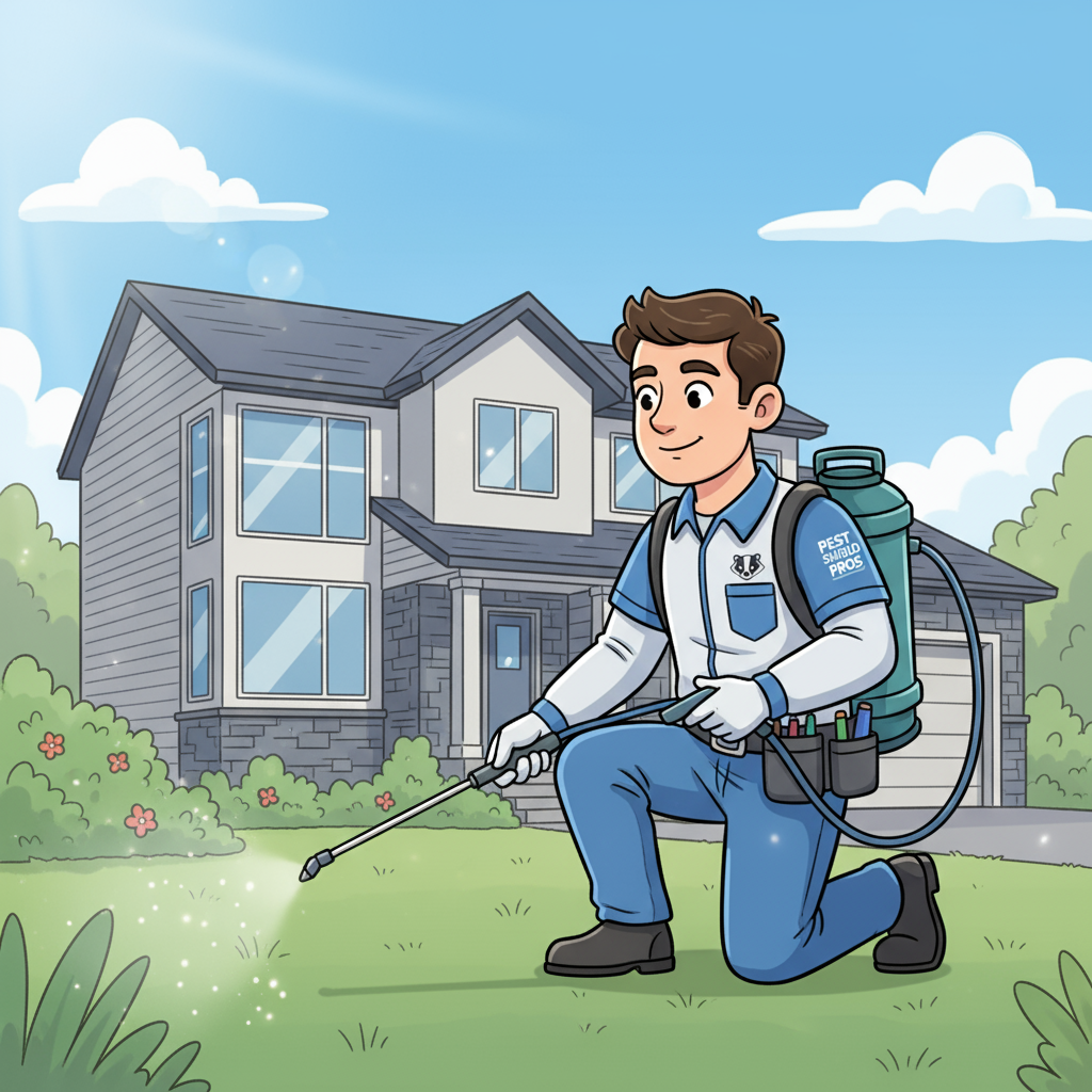 Professional pest control technician in branded uniform with equipment spraying treatment around suburban home exterior foundation, representing reliable pest management, extermination, and ongoing pest prevention services for local TV advertising.