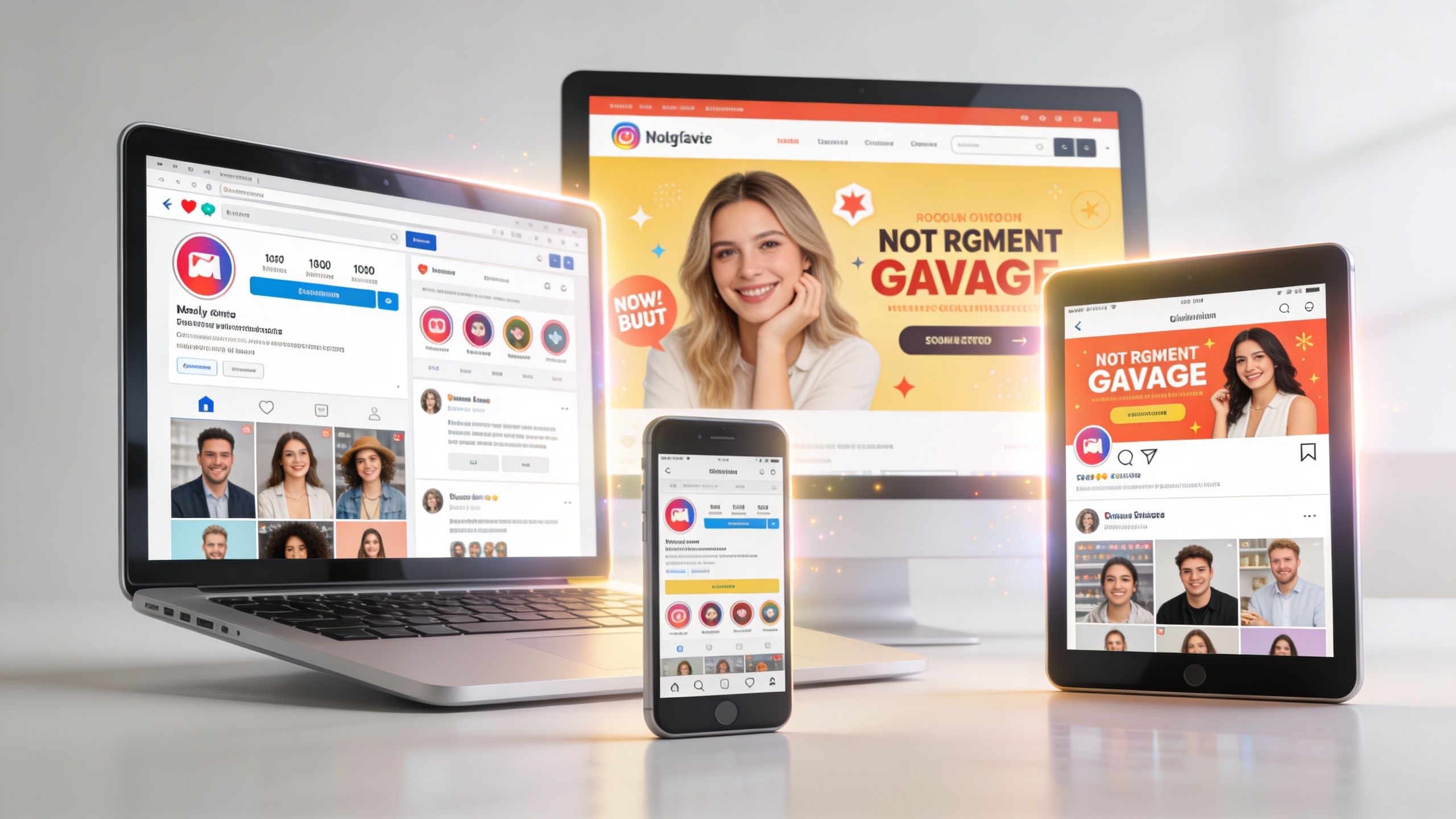 Multiple digital devices displaying social media profiles and promotional giveaway content on various screens and displays.