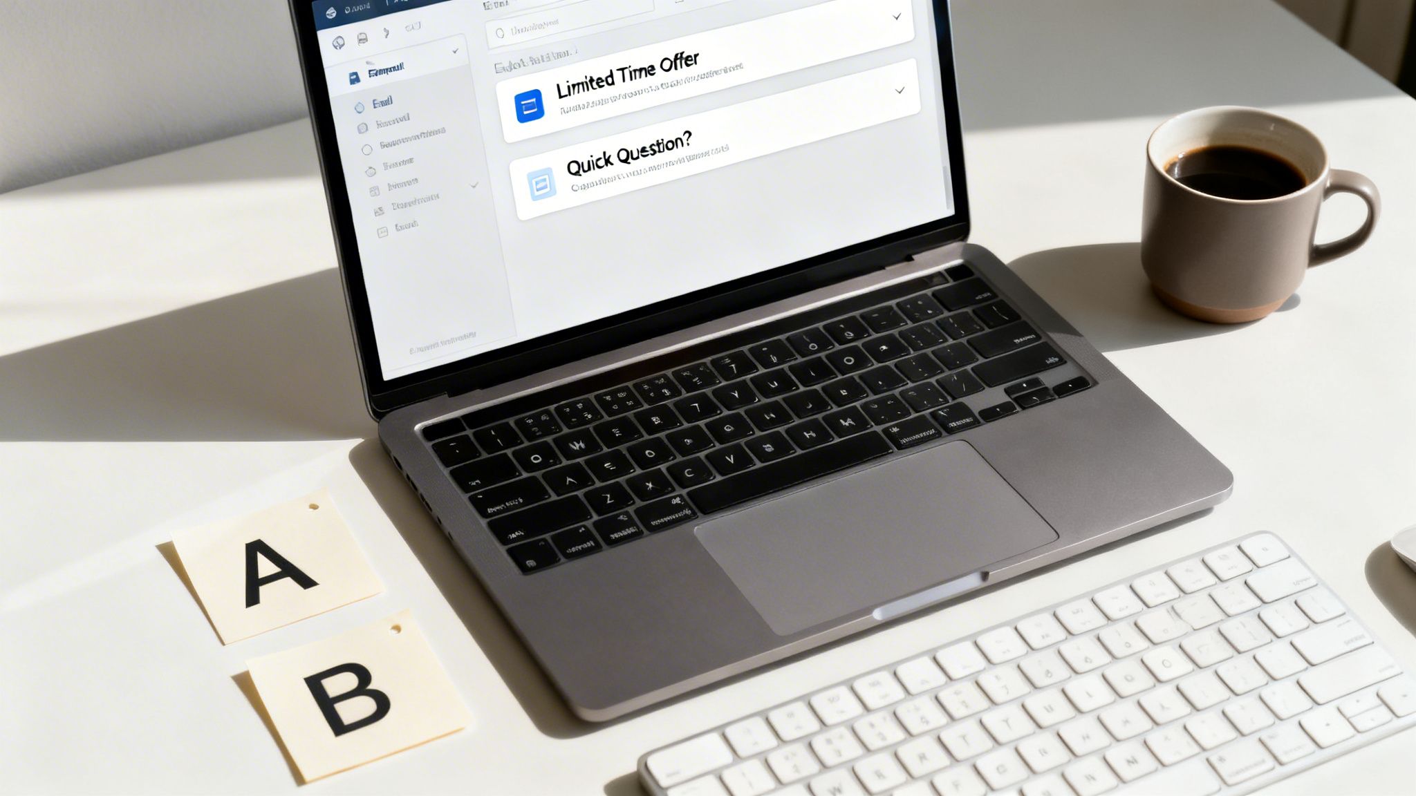 Laptop displaying email A/B test options with 'A' and 'B' sticky notes, a coffee mug, and a keyboard.