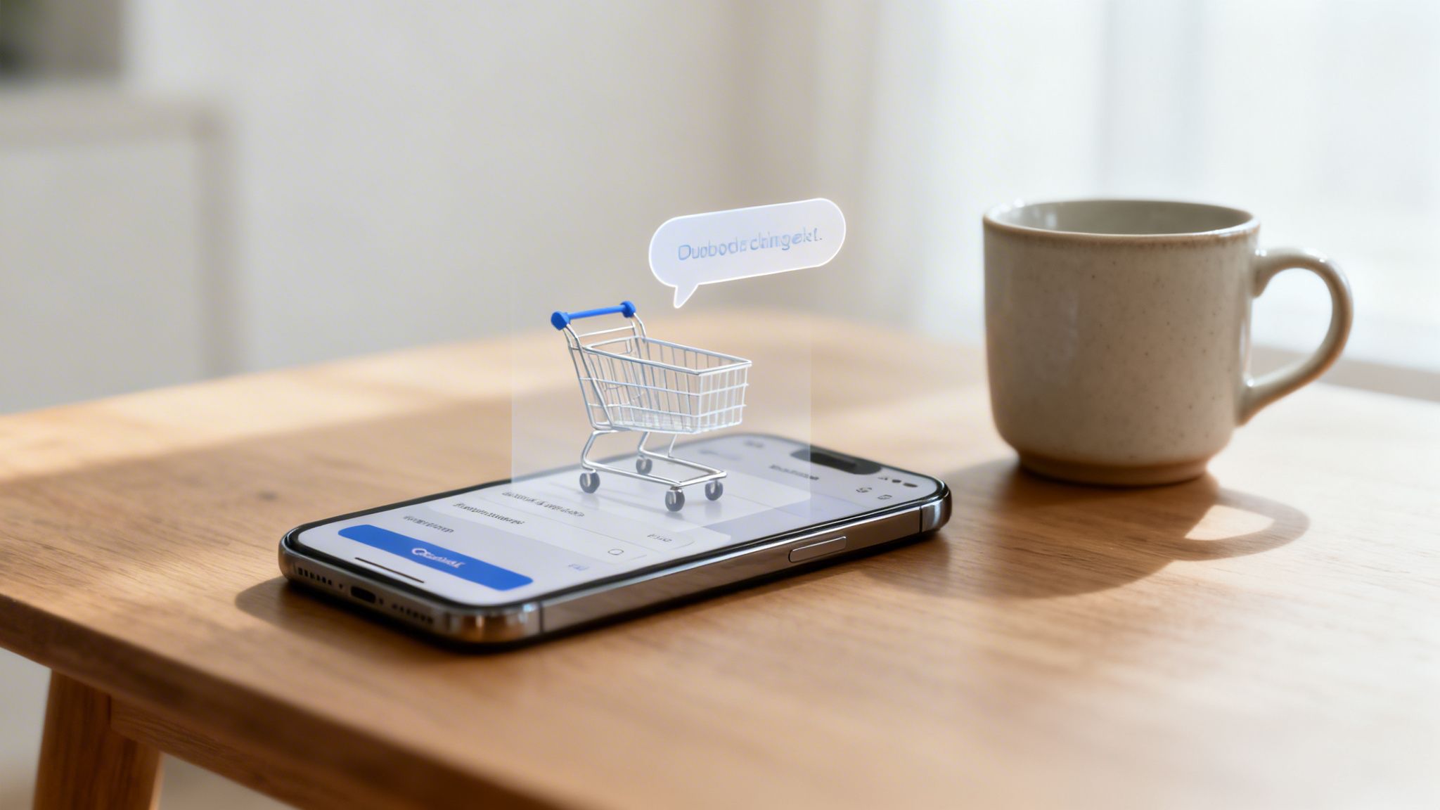Digital shopping cart and speech bubble above a smartphone on a wooden table with a coffee mug, representing online commerce.
