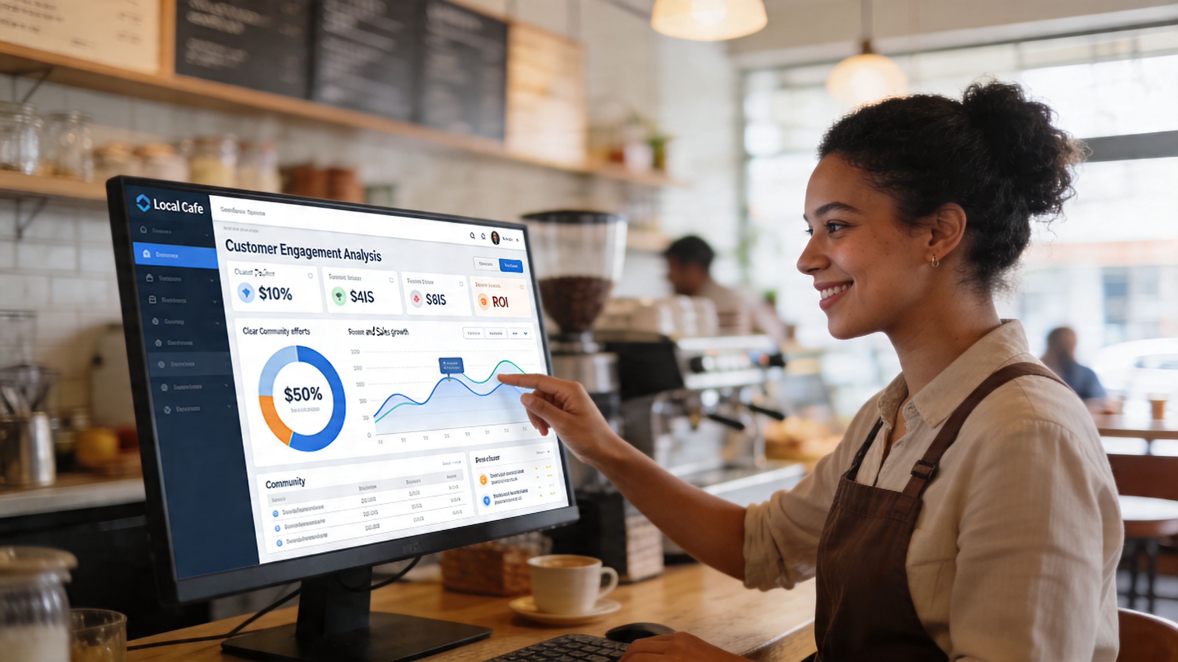 A female barista working at a cafe counter, analyzing customer engagement data on a computer monitor.