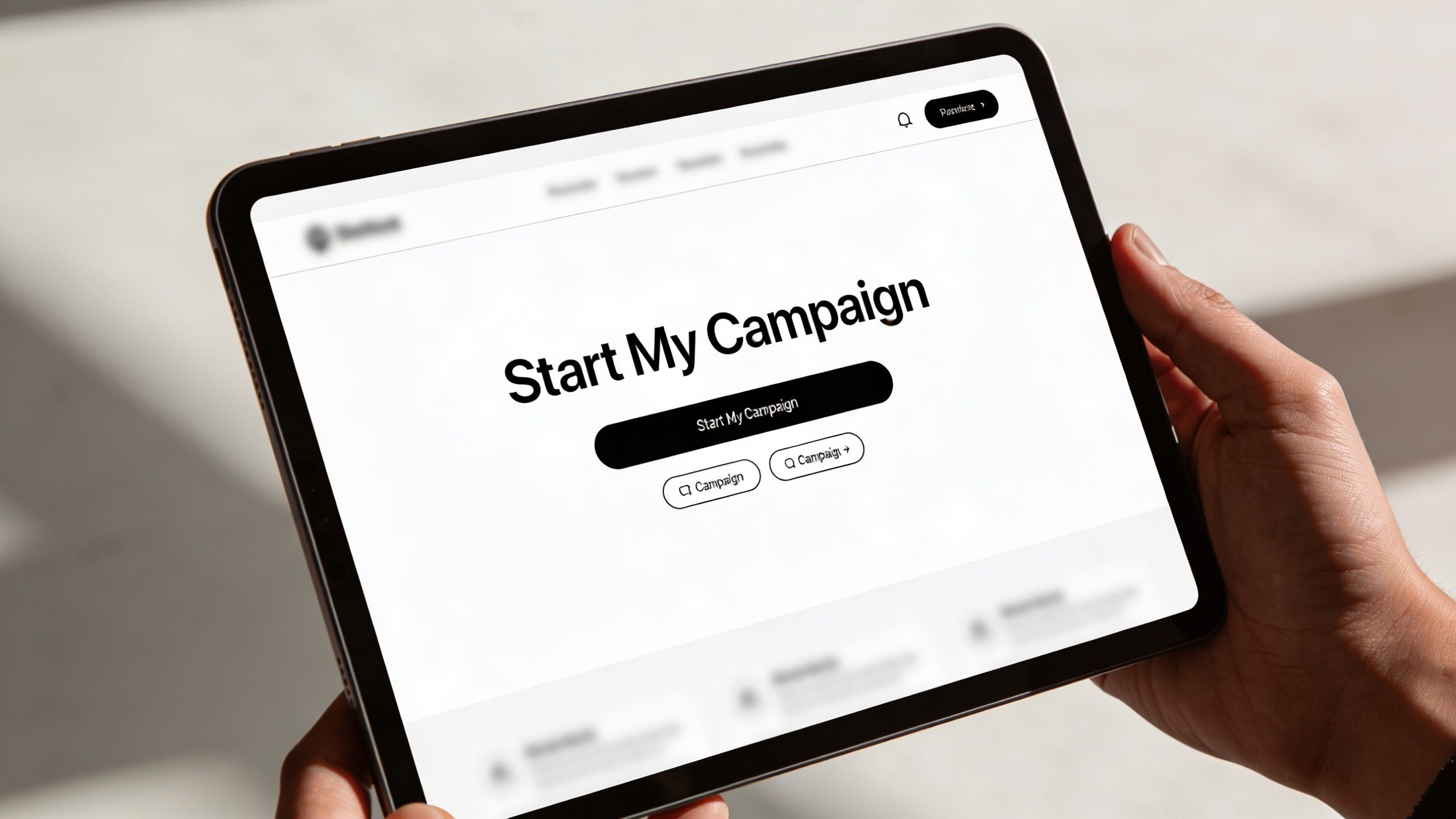 A person holding a tablet displaying a minimalist web interface titled Start My Campaign with call-to-action buttons.
