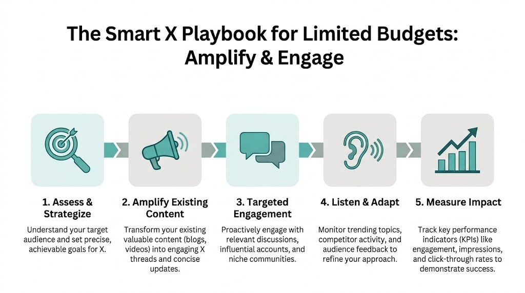A five-step infographic showing a strategic marketing playbook for businesses using the X platform on limited budgets.