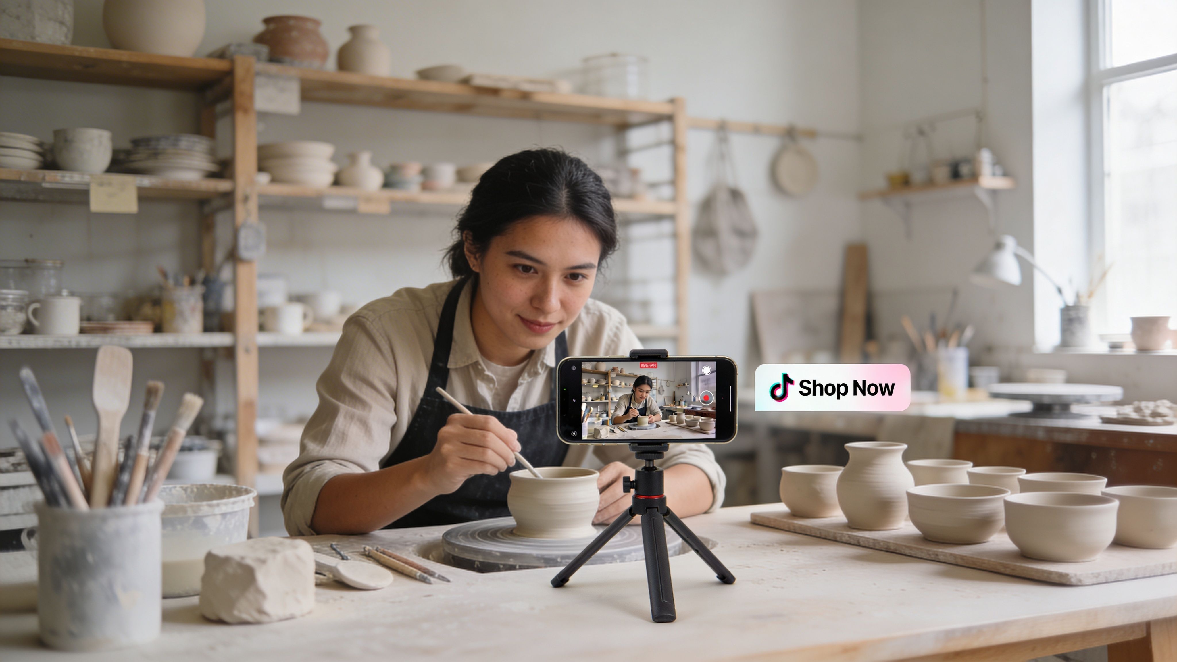 A potter creating ceramic bowls while recording her process for a social media live stream.