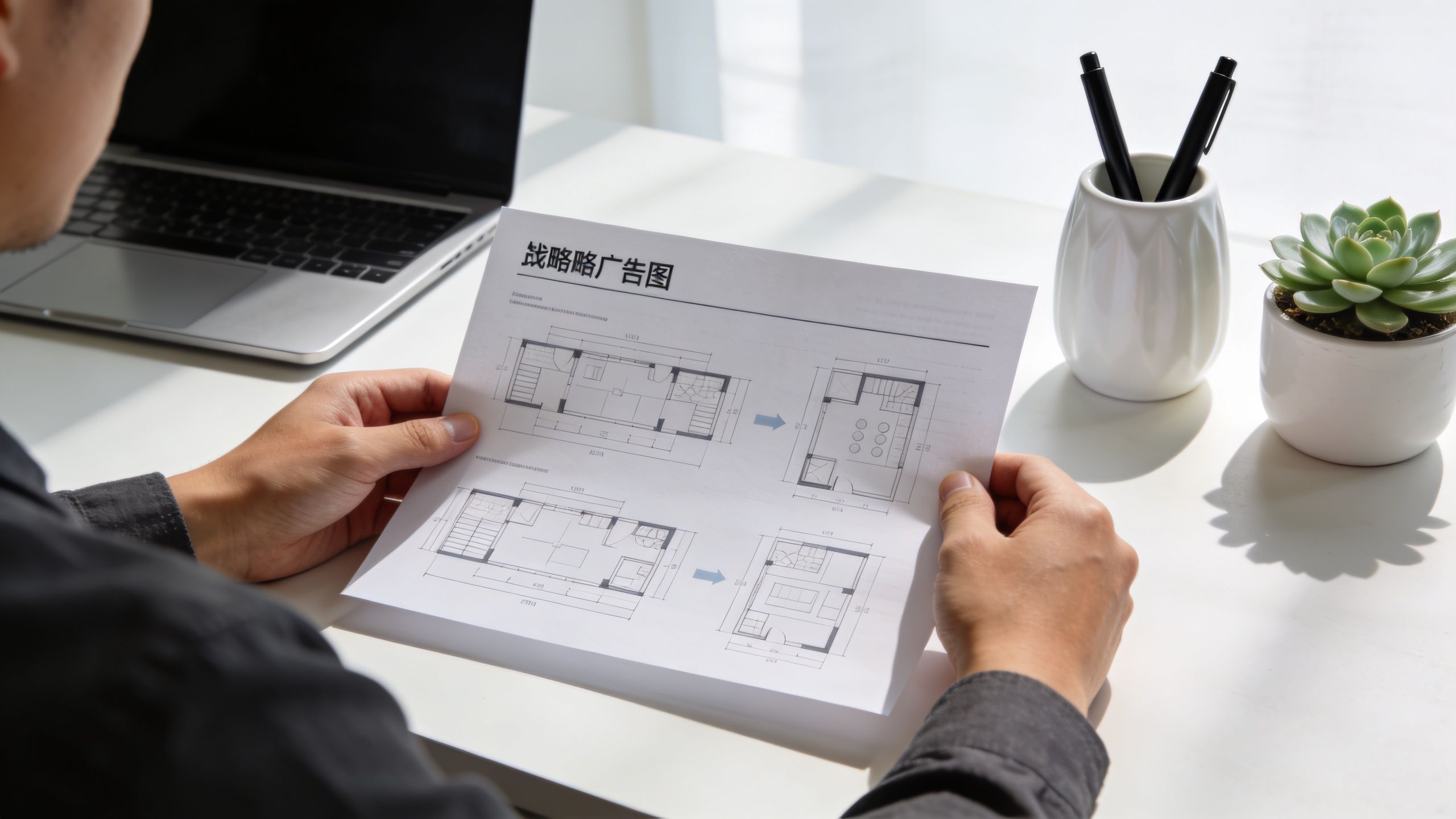 A person examining architectural floor plan blueprints while working at a clean office desk.