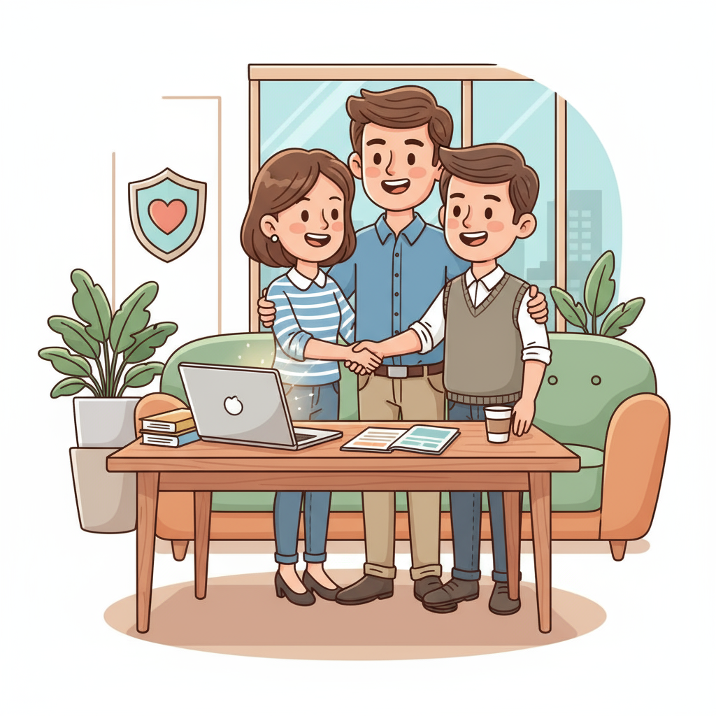 Friendly independent insurance agent meeting with family clients at desk discussing coverage options, representing trusted local auto, home, and life insurance services for TV advertising campaigns targeting homeowners and families.