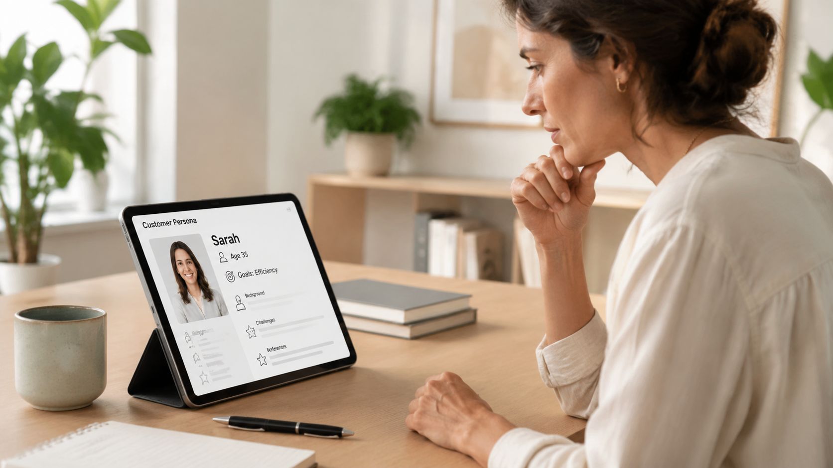 A woman reviewing a digital customer persona profile on a tablet at a modern wooden desk.