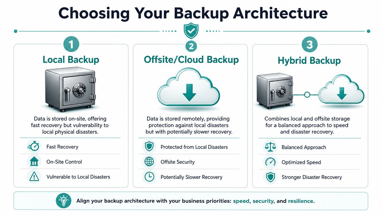A diagram illustrating the three types of backup architectures: local, offsite cloud, and hybrid backup solutions.