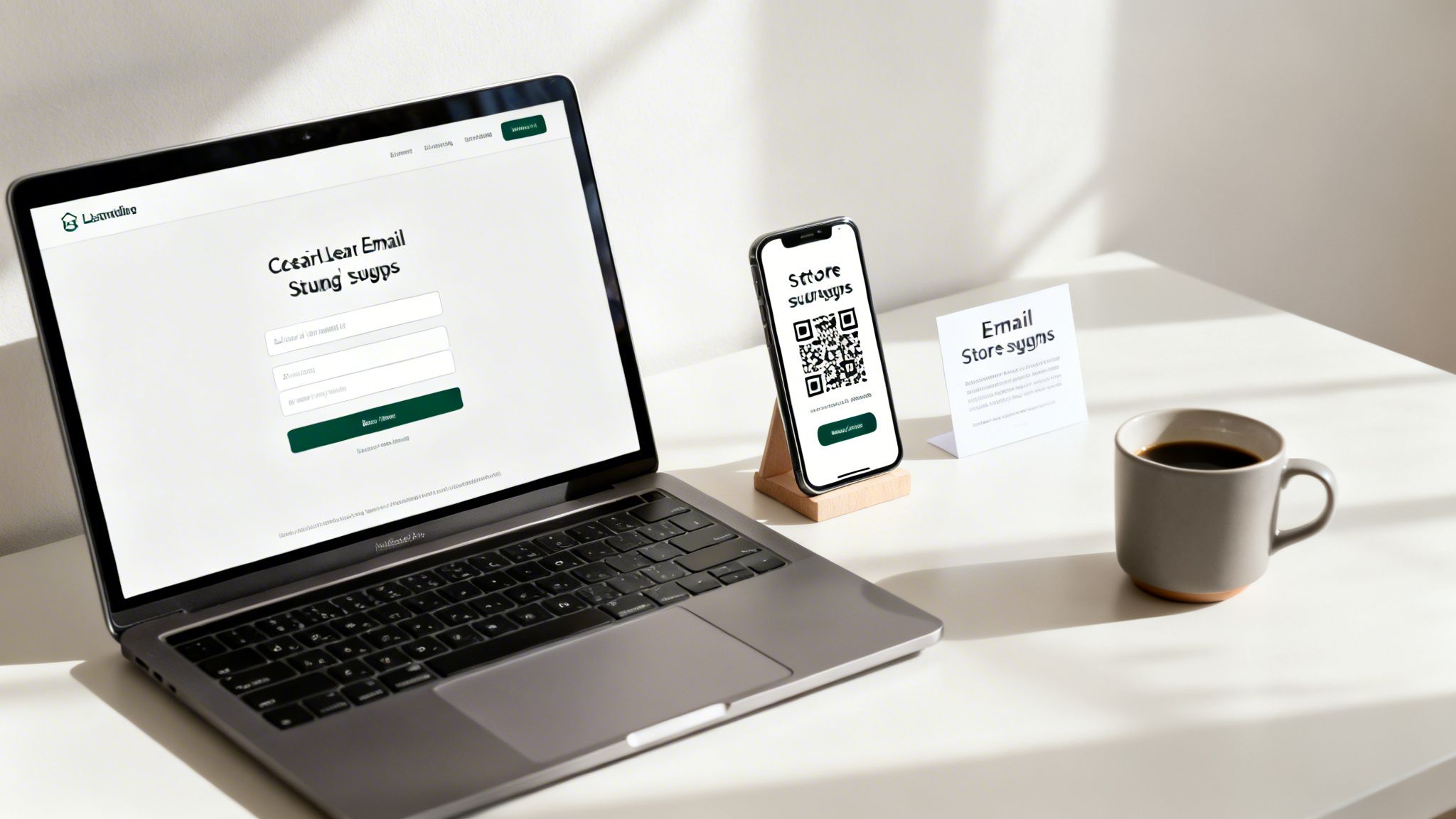 A modern workspace with a laptop, smartphone, email list sign, and coffee on a white desk.