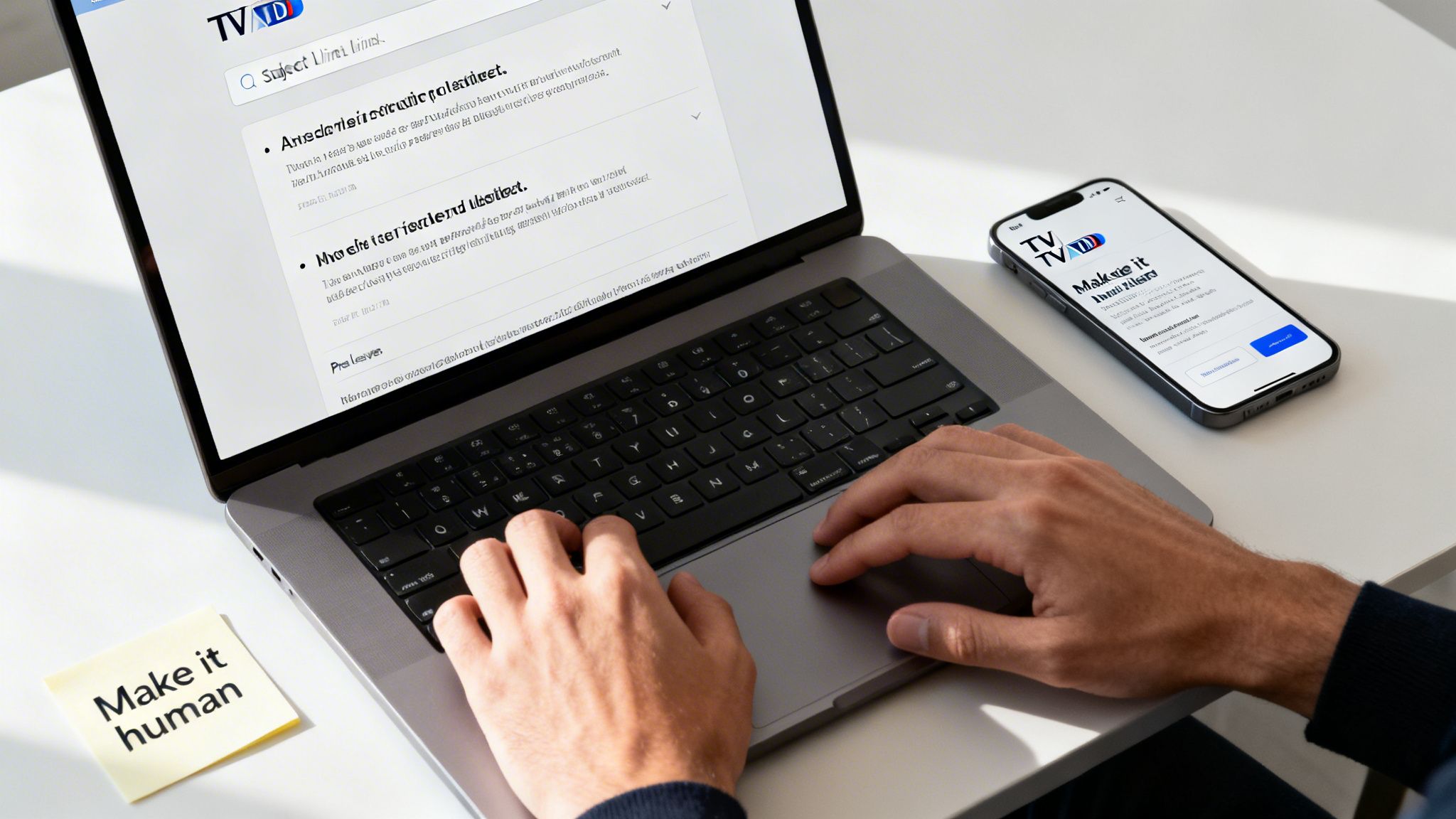 A person typing on a laptop, with a smartphone and a 'Make it human' sticky note on a desk.