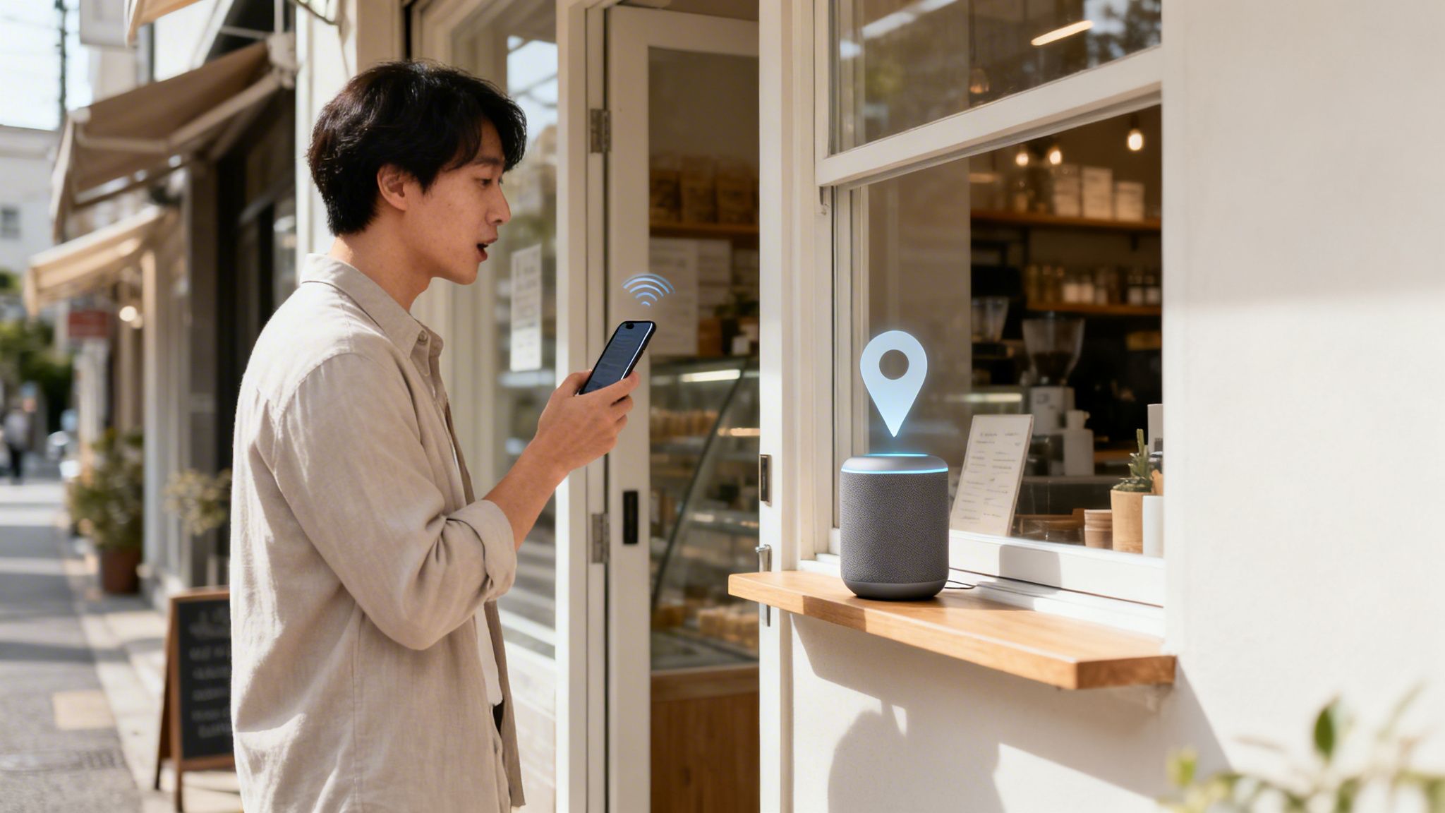 A man uses a smartphone to activate a smart speaker with a location icon at a cafe.