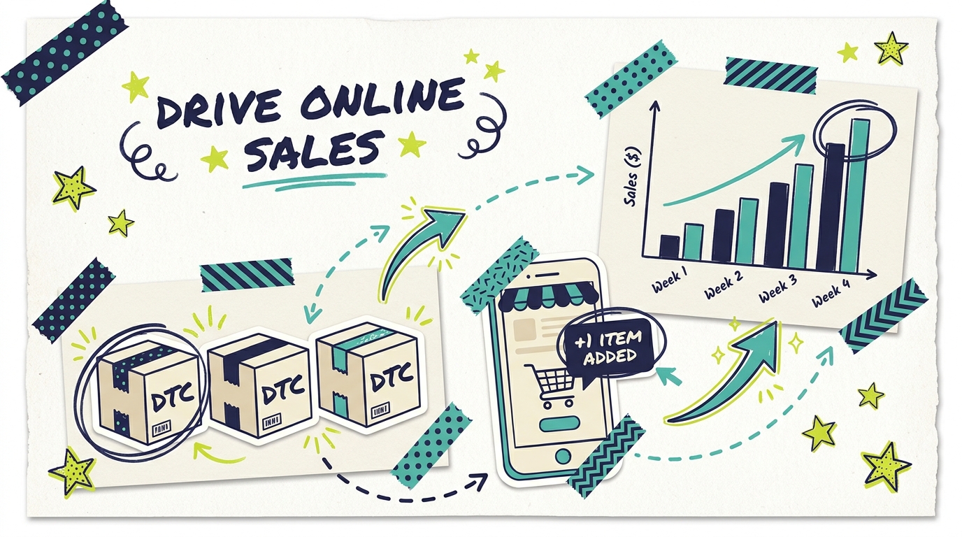 DTC product boxes, online cart, and rising sales chart