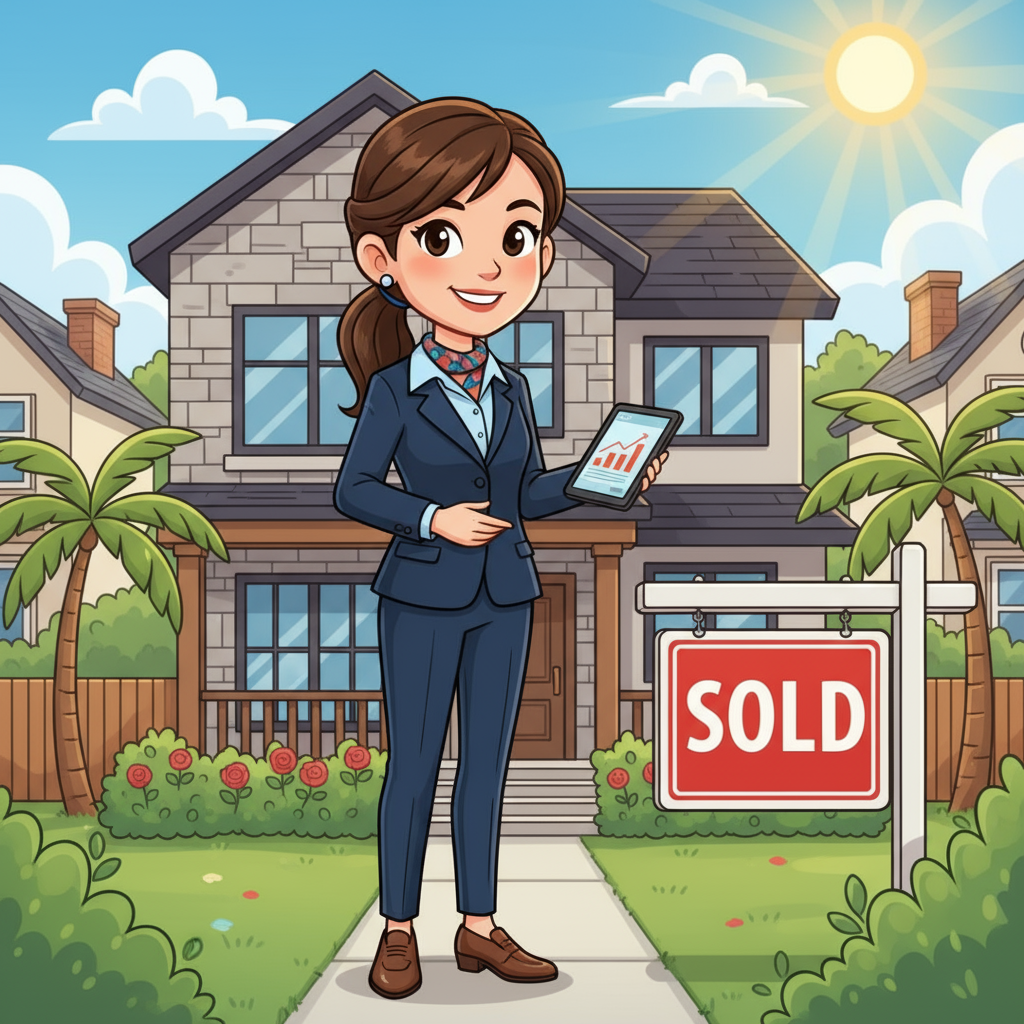 Professional real estate agent in business attire standing confidently in front of sold home with sign, representing local realtor expertise and trusted service for TV advertising campaigns to attract buyers and sellers.