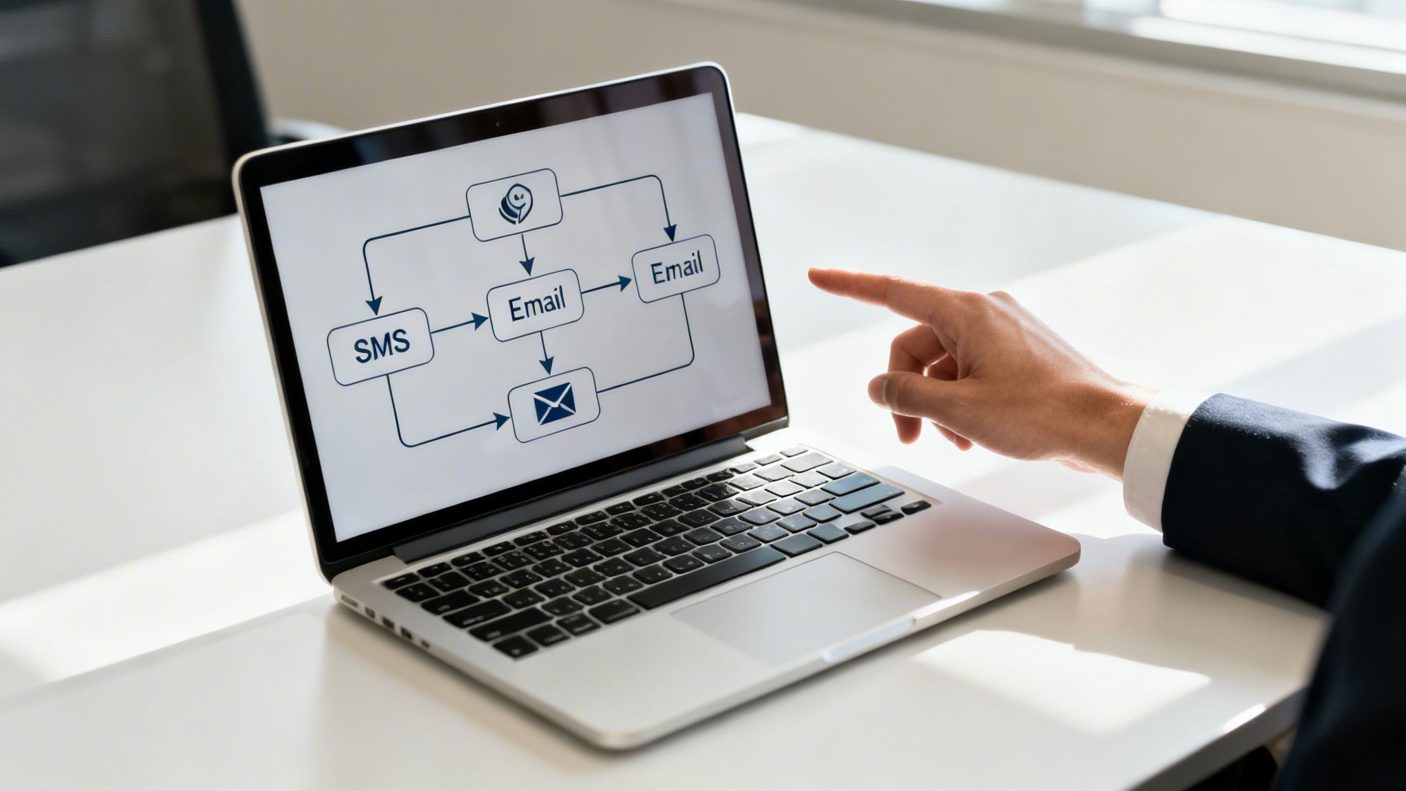 A professional in a suit points at a digital flowchart on a laptop screen displaying communication channels.