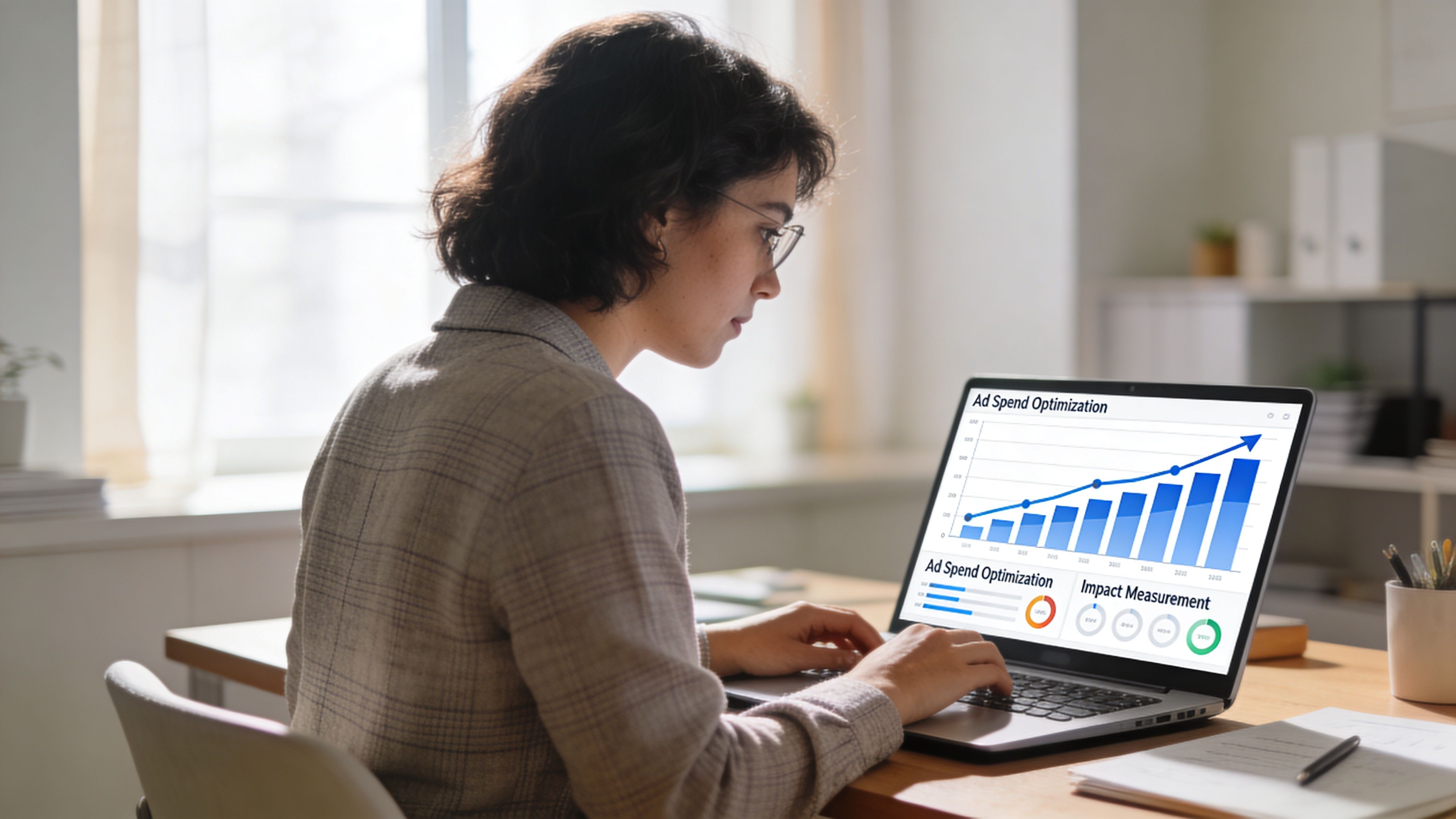 A professional woman working on a laptop displaying business analytics and advertising spend optimization charts.