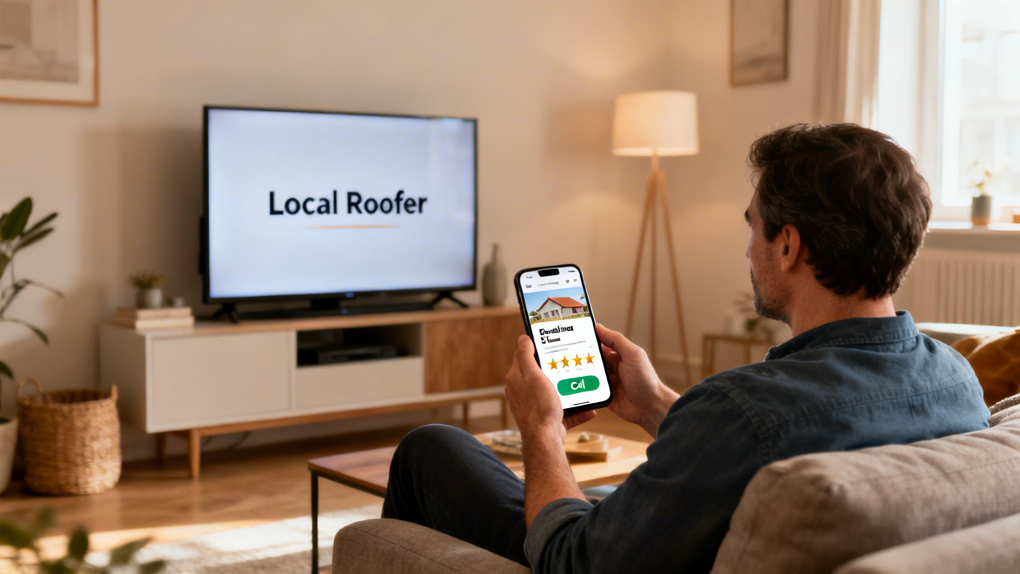 Man searching for a local roofer business on his phone in a modern living room.