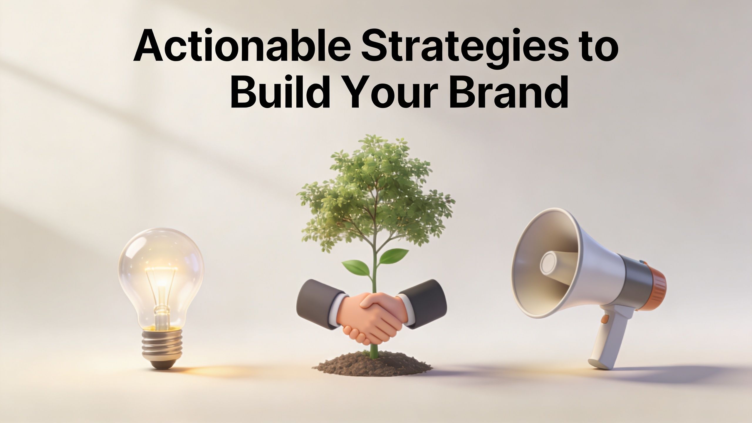 A graphic depicting business growth featuring a lightbulb, a handshake with a tree, and a megaphone.