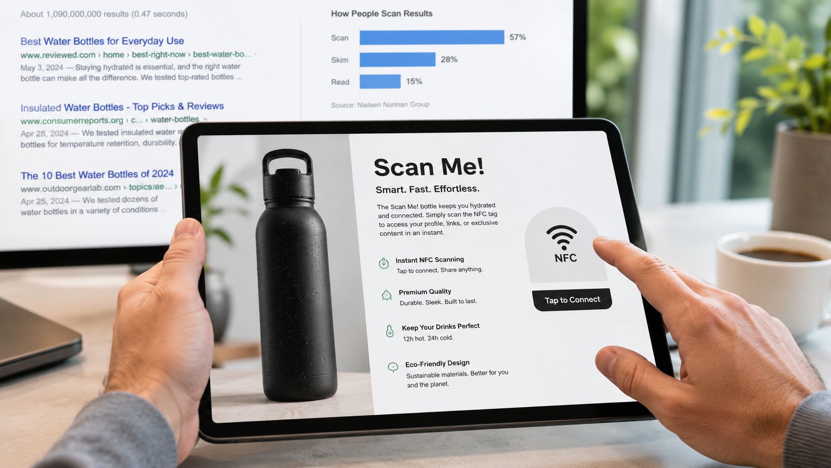 A person using a tablet to view an interactive product page for an innovative NFC-enabled water bottle.
