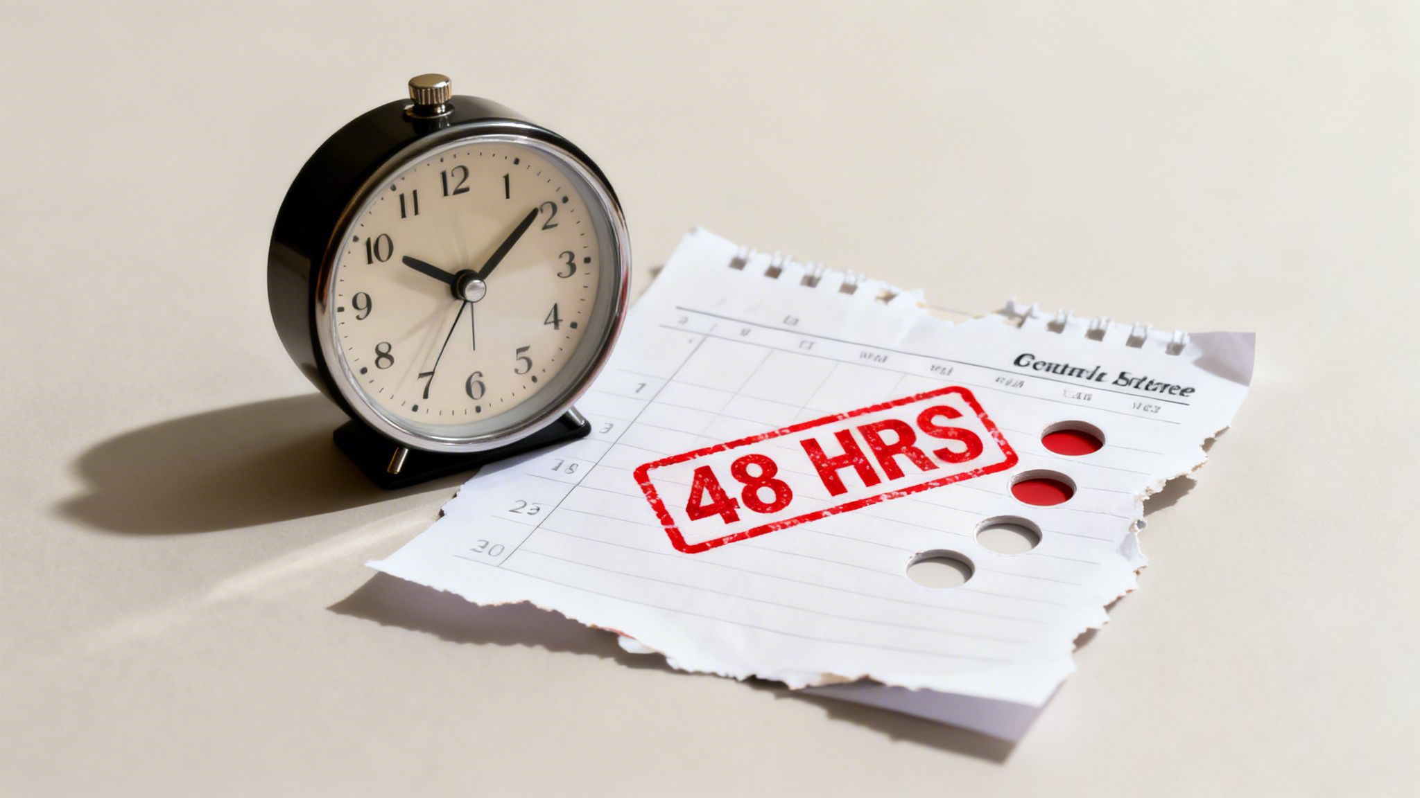 A vintage alarm clock sits beside a torn paper with a red '48 HRS' stamp, symbolizing an urgent deadline.