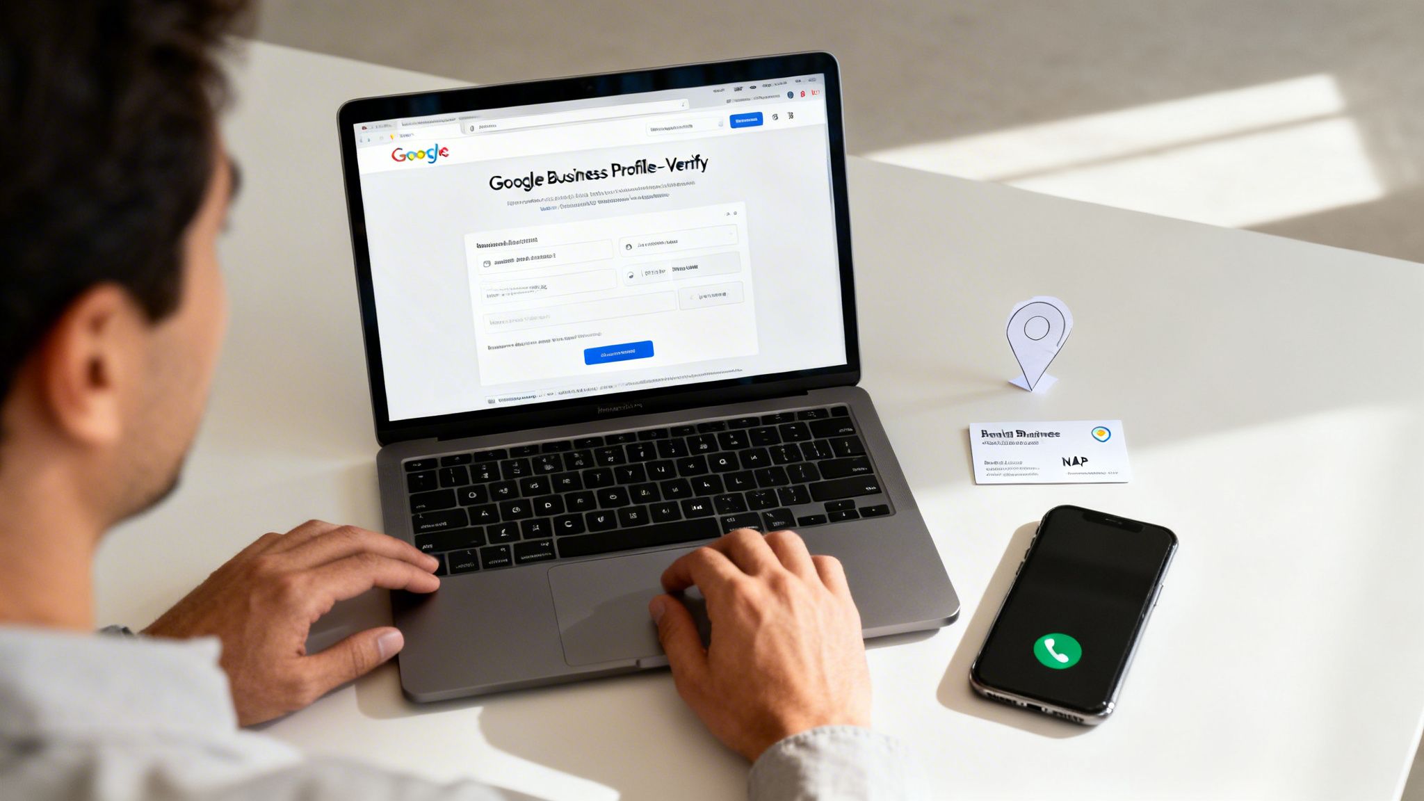 A person uses a laptop to verify their Google Business Profile, with a smartphone and business card nearby.