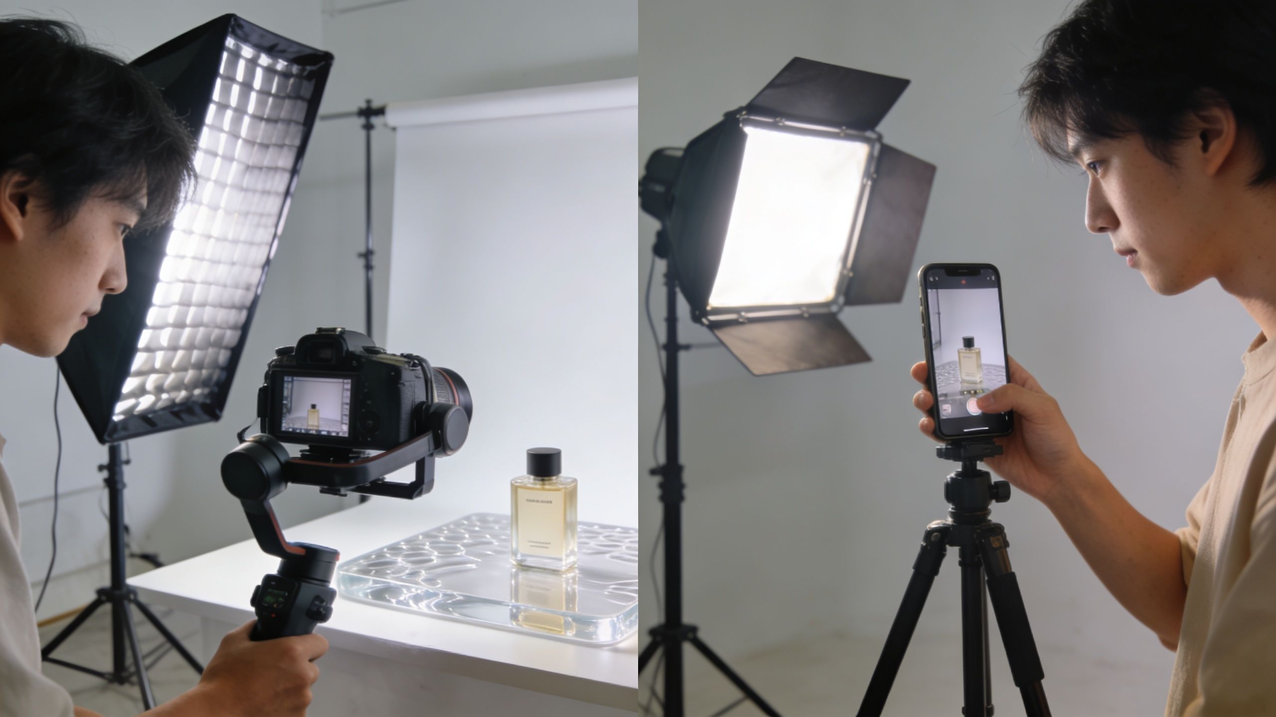 A person filming a perfume bottle with a professional camera and a smartphone for content creation.