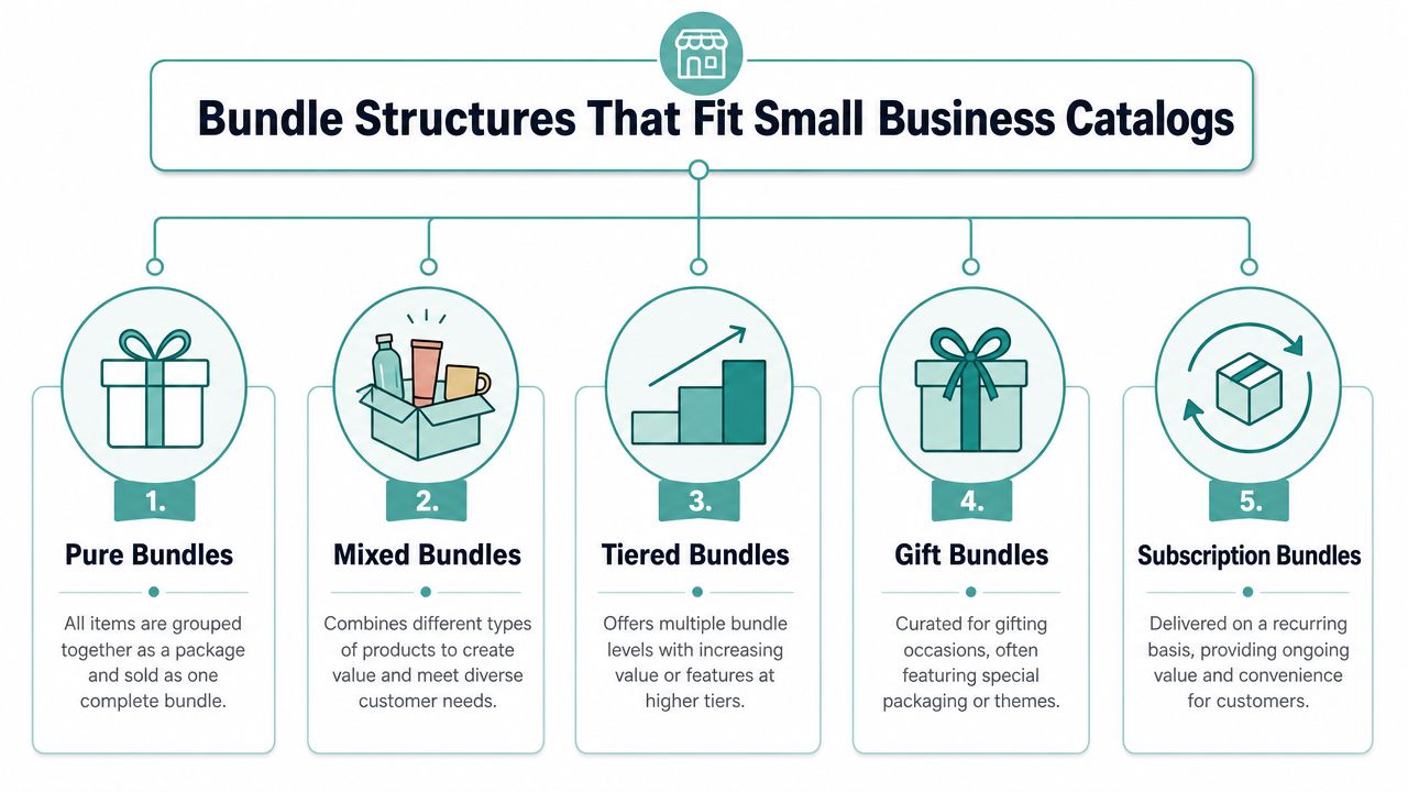 A diagram illustrating five different bundle structures for small business catalogs, including pure, mixed, tiered, gift, and subscription bundles.