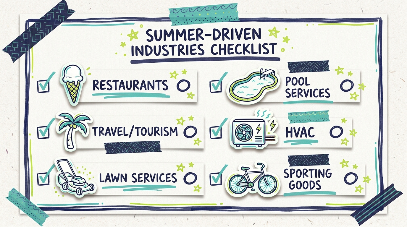Summer-driven industries checklist with restaurants, travel, lawn, pool, HVAC, sporting goods