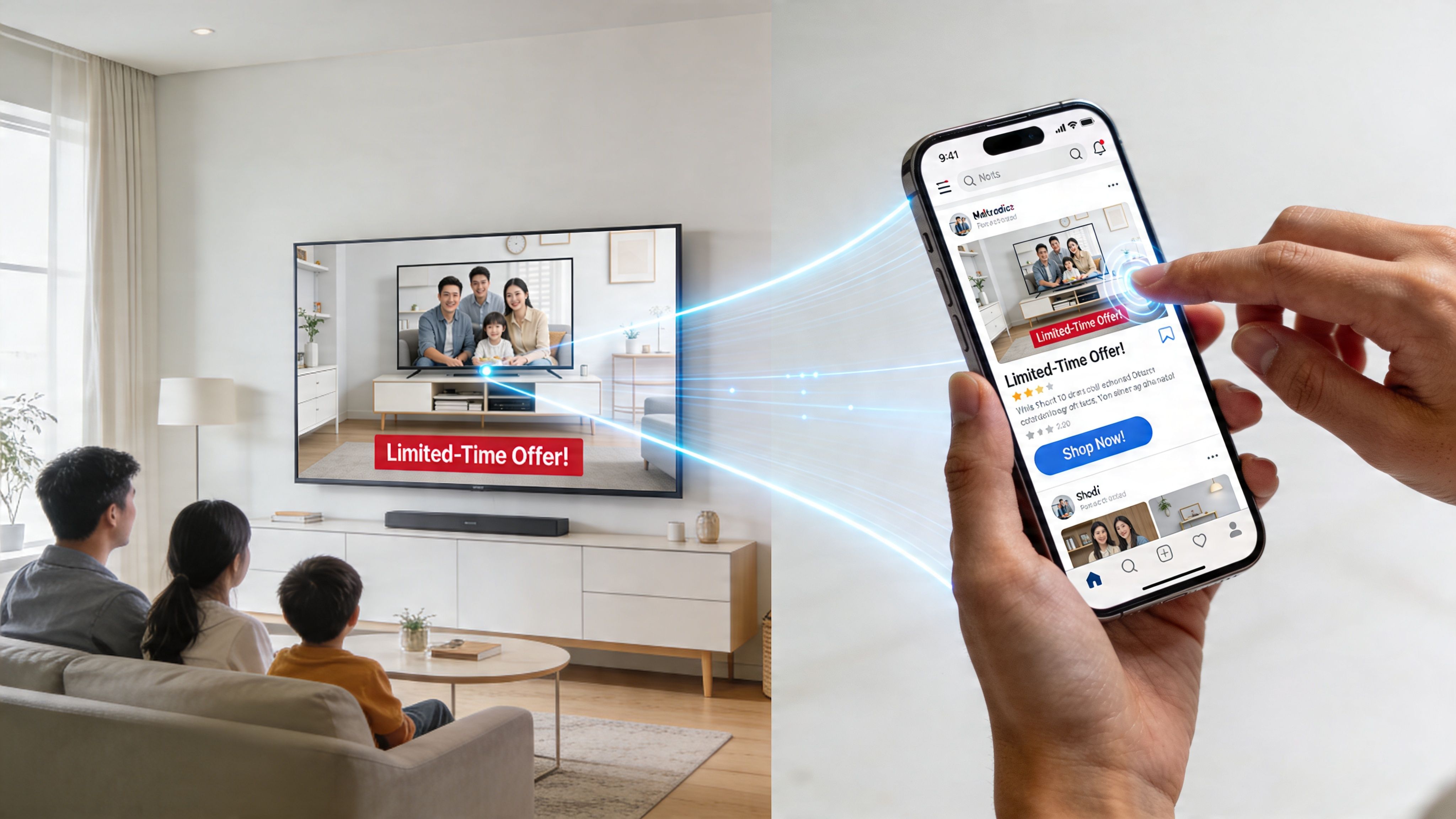 A family watching a television while a person interacts with a mobile app displaying the same product.