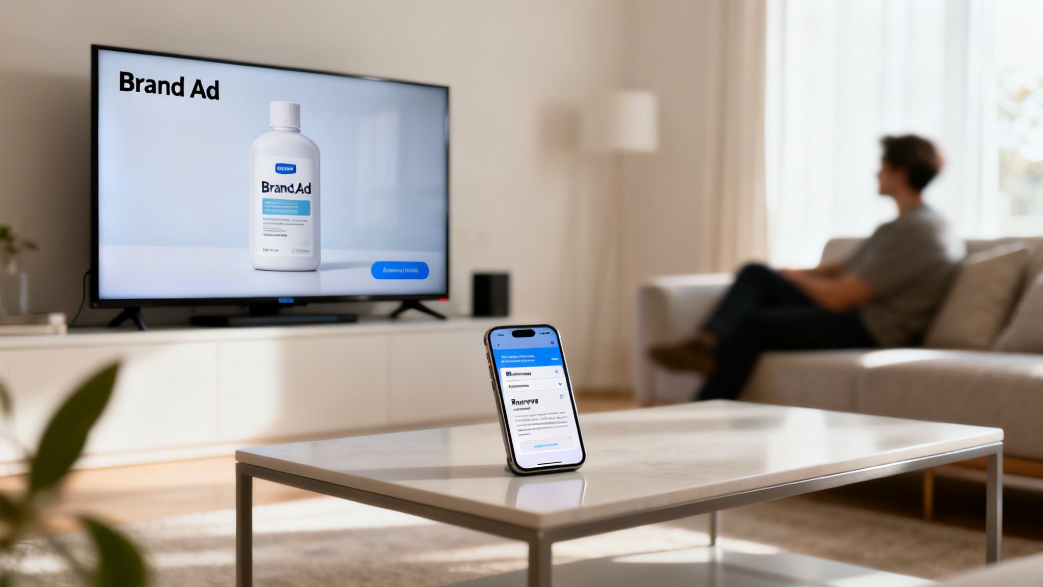 A modern living room showing a TV with a brand advertisement and a smartphone on a coffee table.