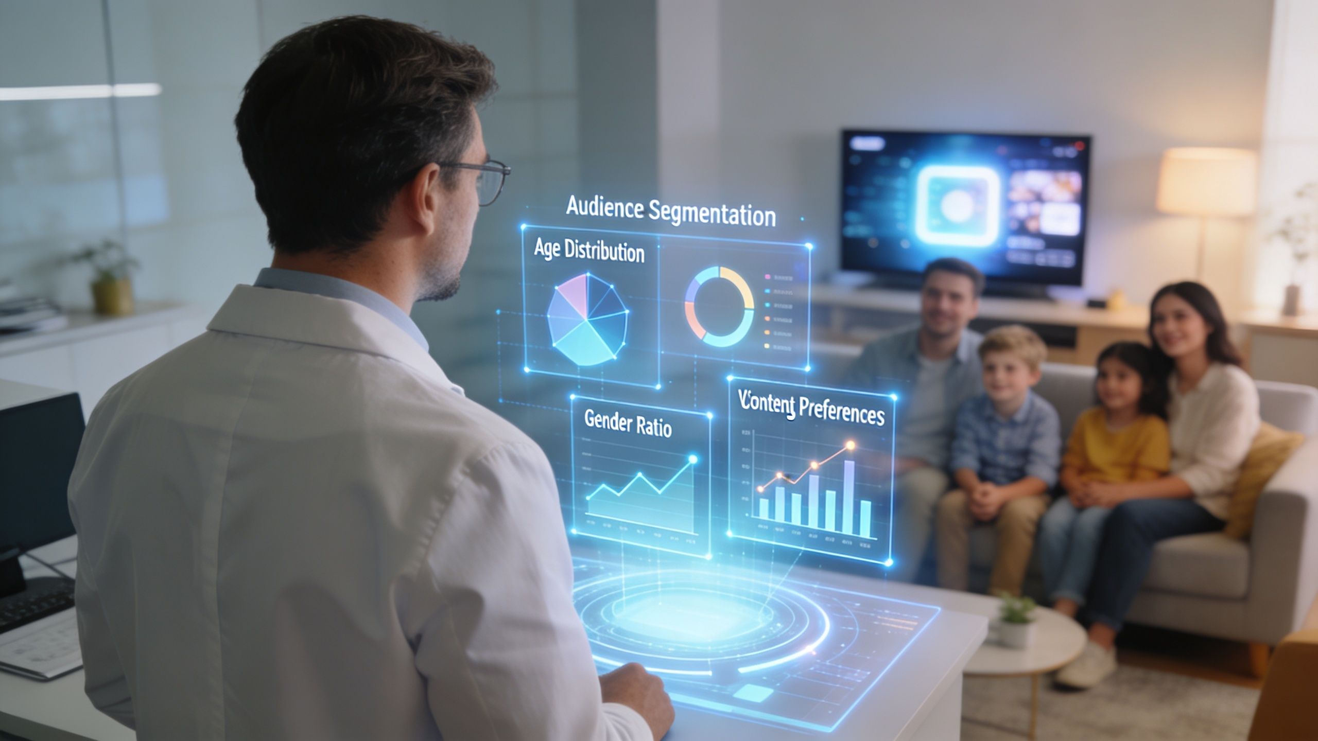 A professional analyzing futuristic hologram data of audience segmentation metrics while a family watches television nearby.