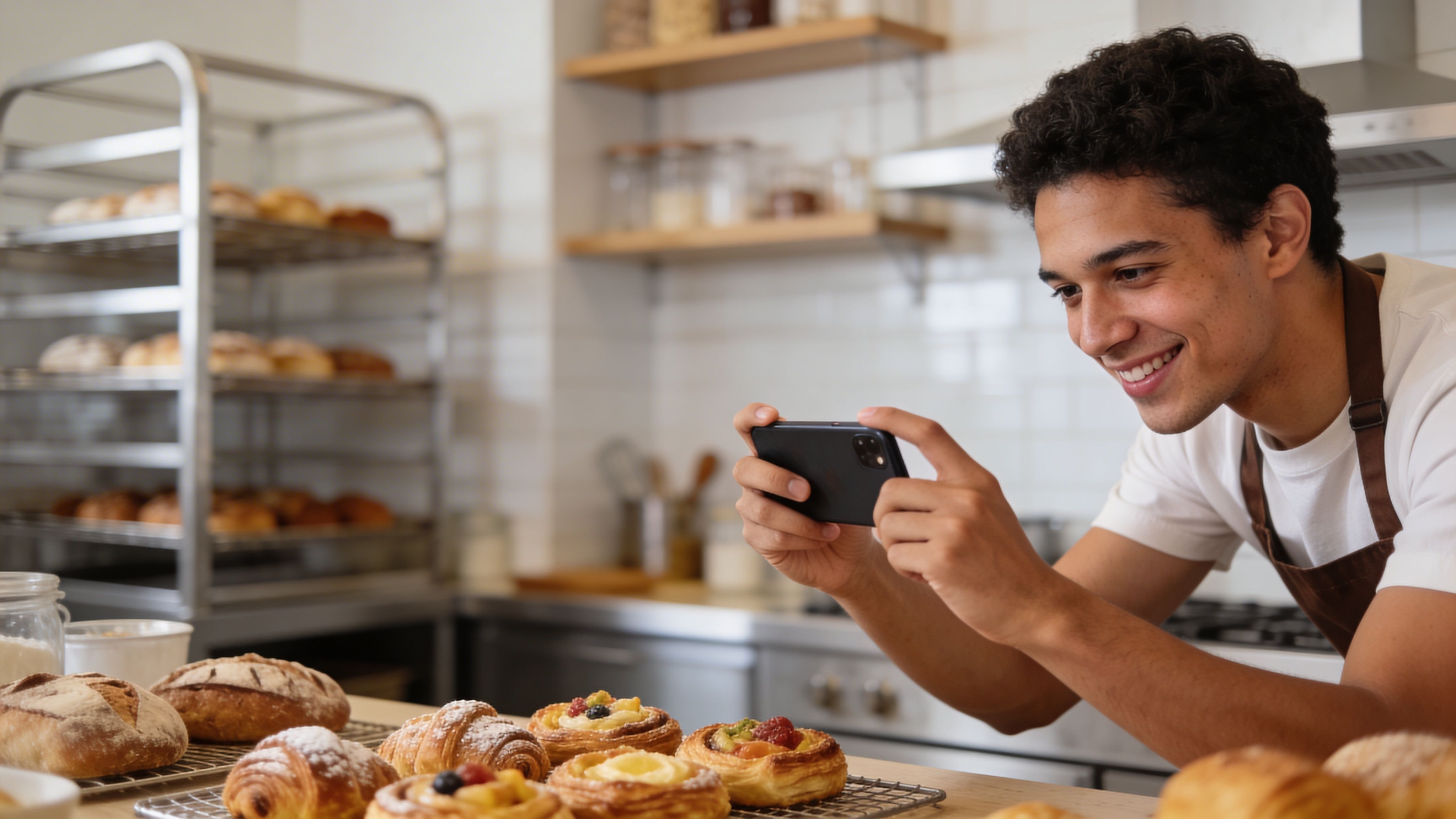A young bakery owner smiles while taking a photo of fresh artisan pastries for social media content.