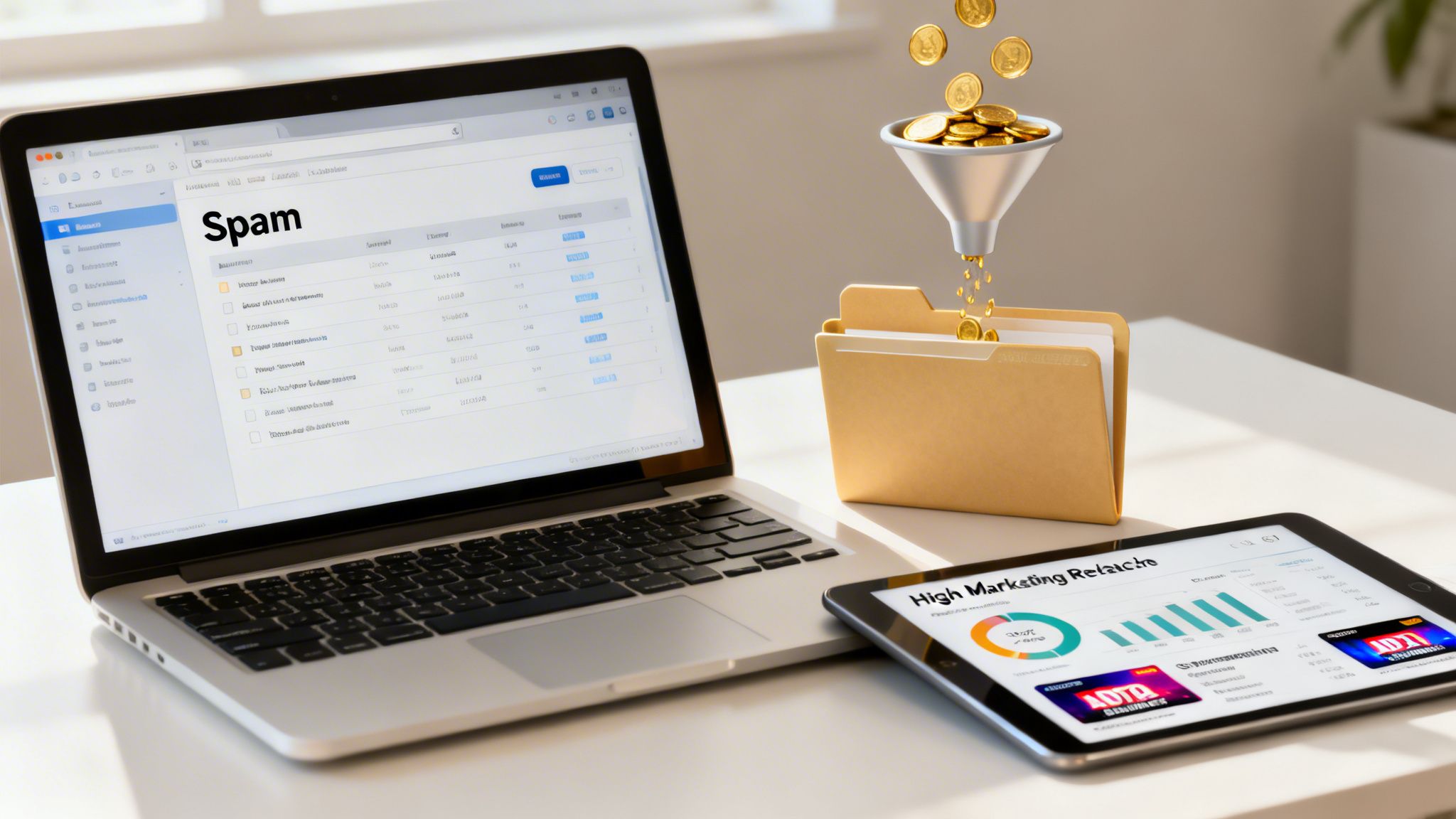 A laptop screen displays an email spam folder, with gold coins funneling into a file, symbolizing lost value.