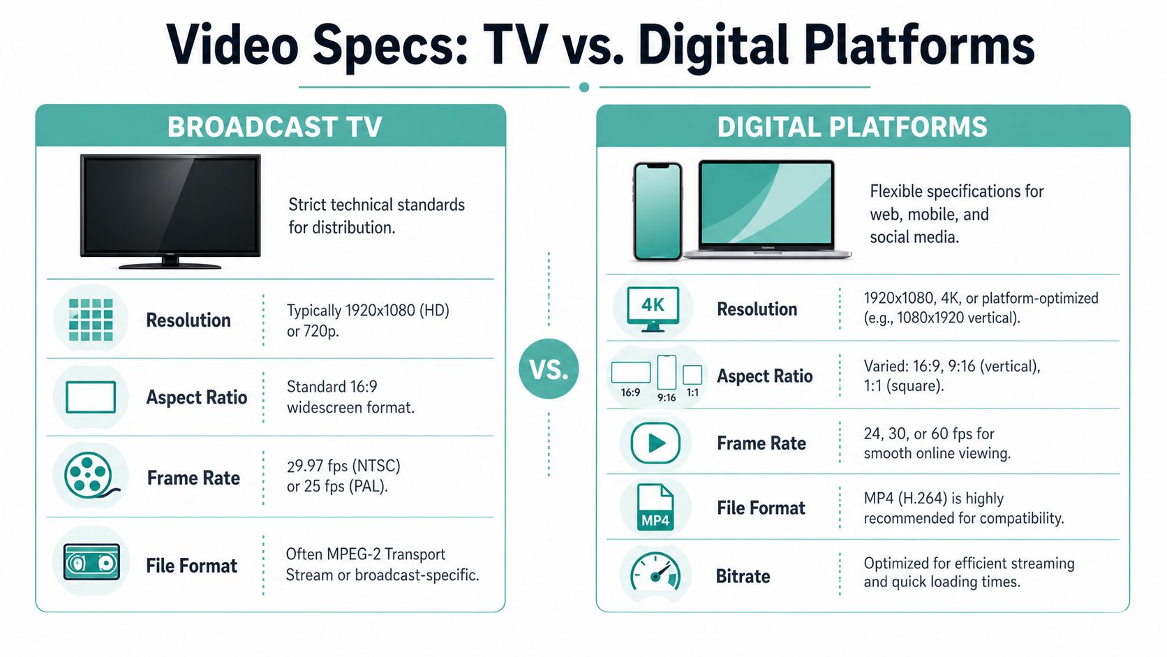 A comparison chart showing technical specifications for video production on broadcast TV versus digital platforms.