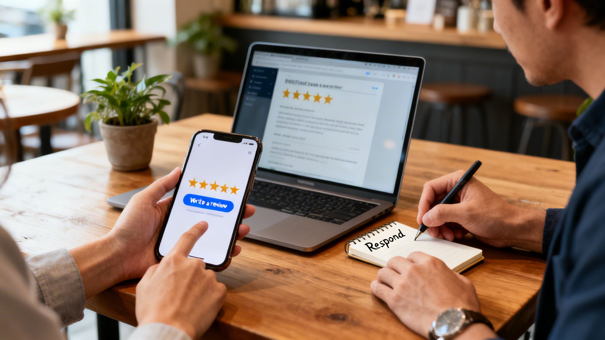 Two people managing online reviews: one viewing a 5-star rating on a phone, the other writing 'Respond' in a notebook.