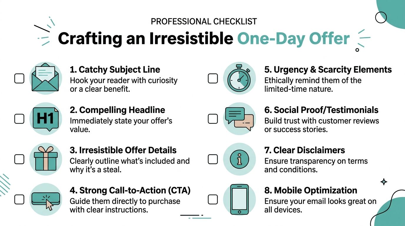 A professional checklist for crafting an irresistible one-day offer with eight essential steps for email marketing.