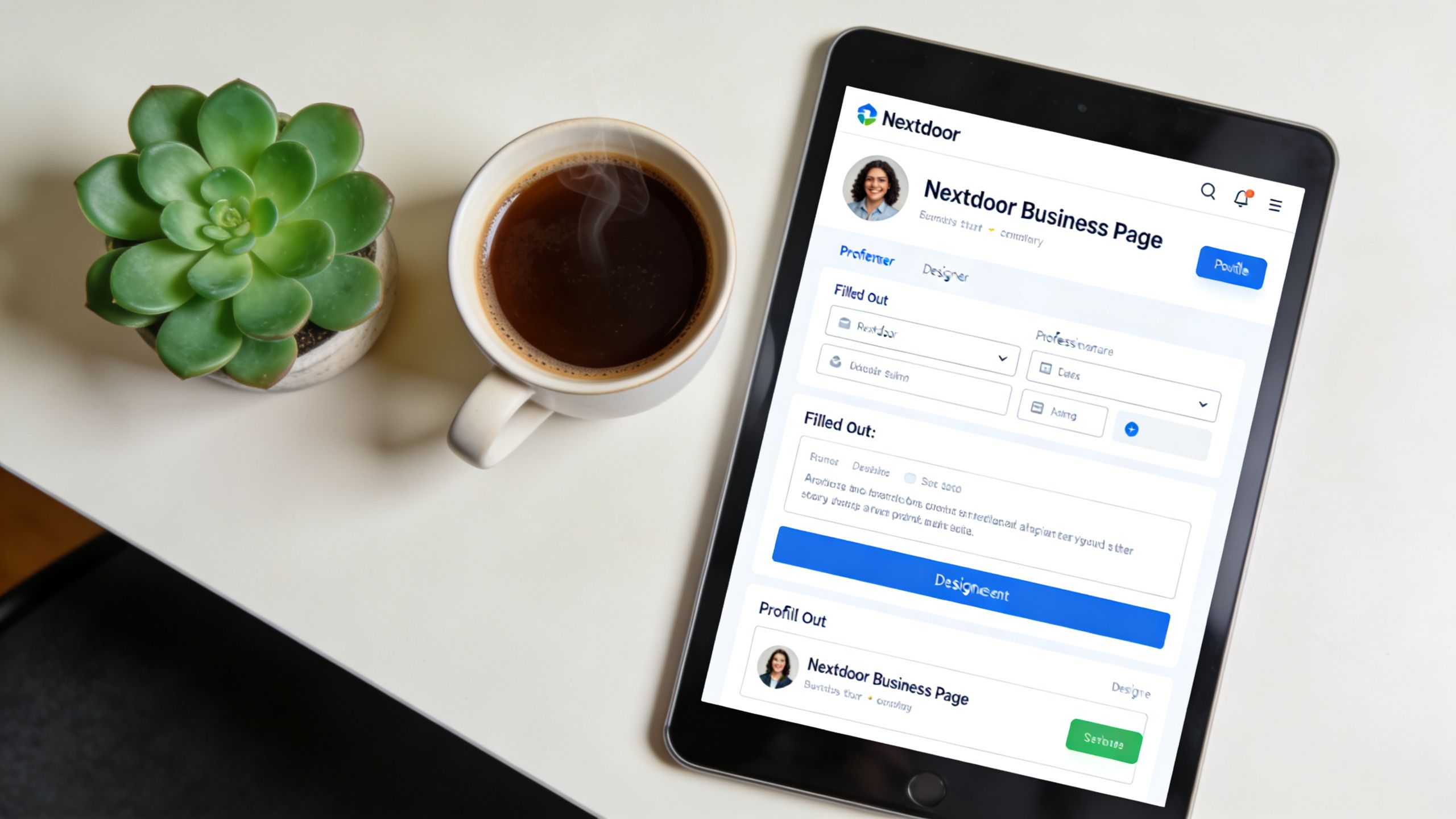 A digital tablet displaying a Nextdoor business page profile setup screen beside a cup of coffee.