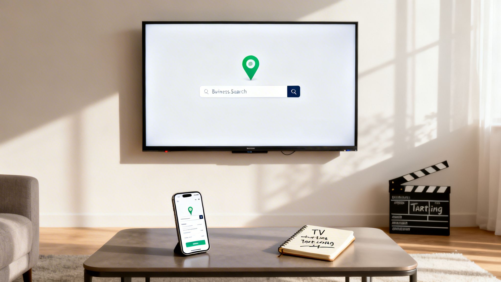 A modern living room showing a wall-mounted TV displaying a local business search app and a smartphone with a directory.