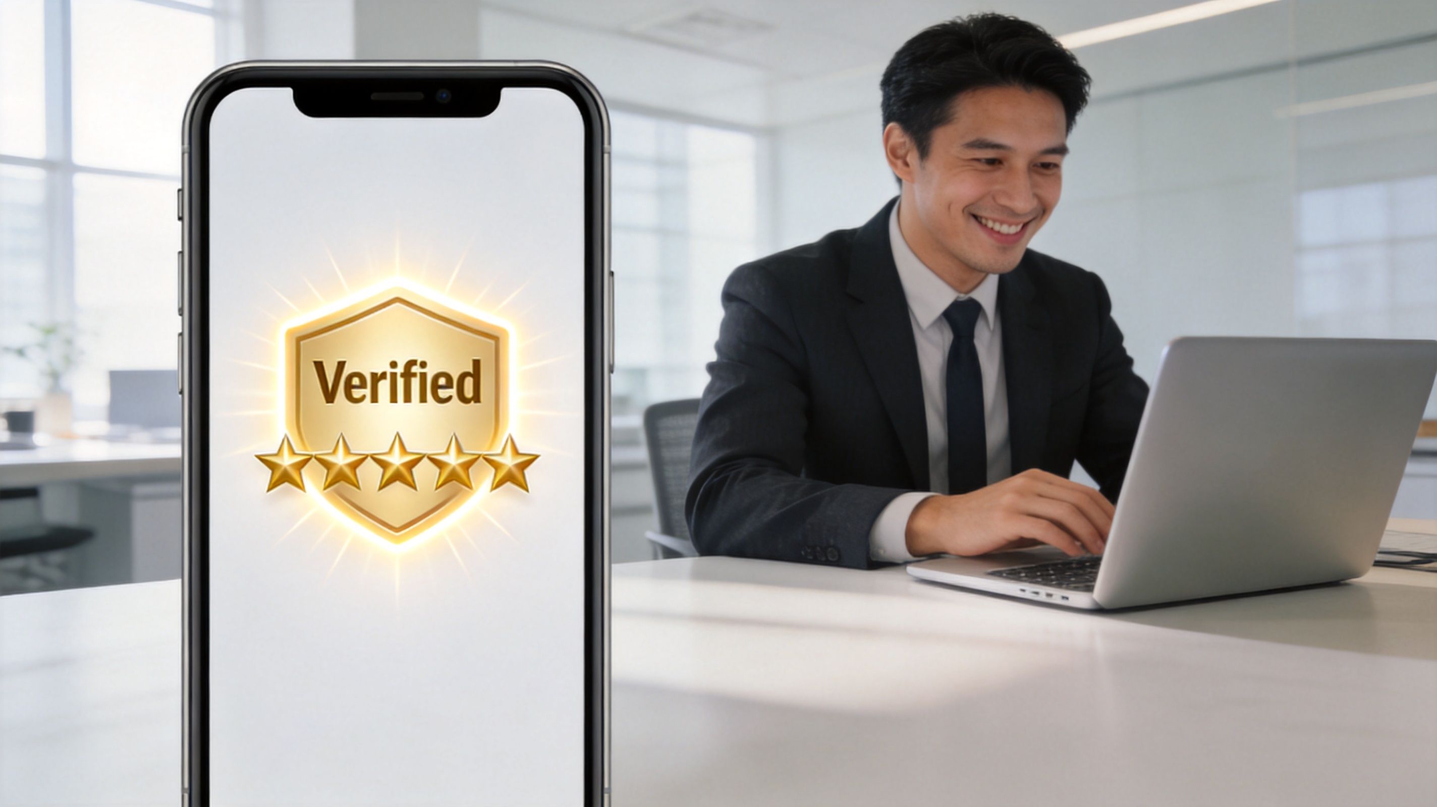 A professional man using a laptop with a large smartphone displaying a verified badge and five stars.