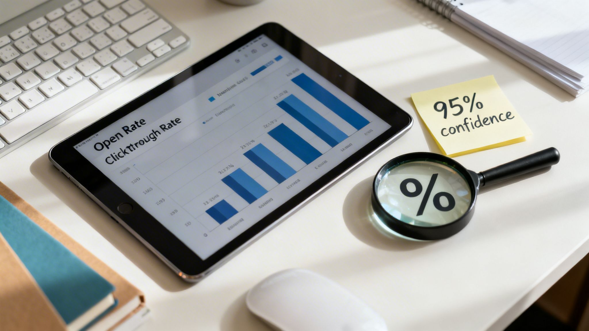 Desk scene with a tablet showing email marketing metrics, a 95% confidence note, and a magnifying glass.