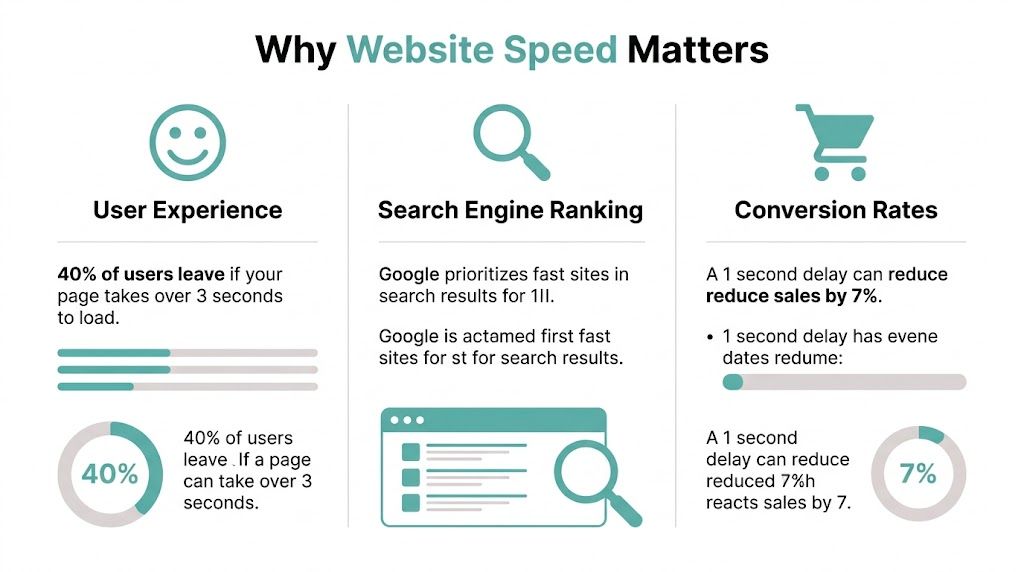 An infographic titled Why Website Speed Matters illustrating its impact on user experience, search rankings, and conversion rates.