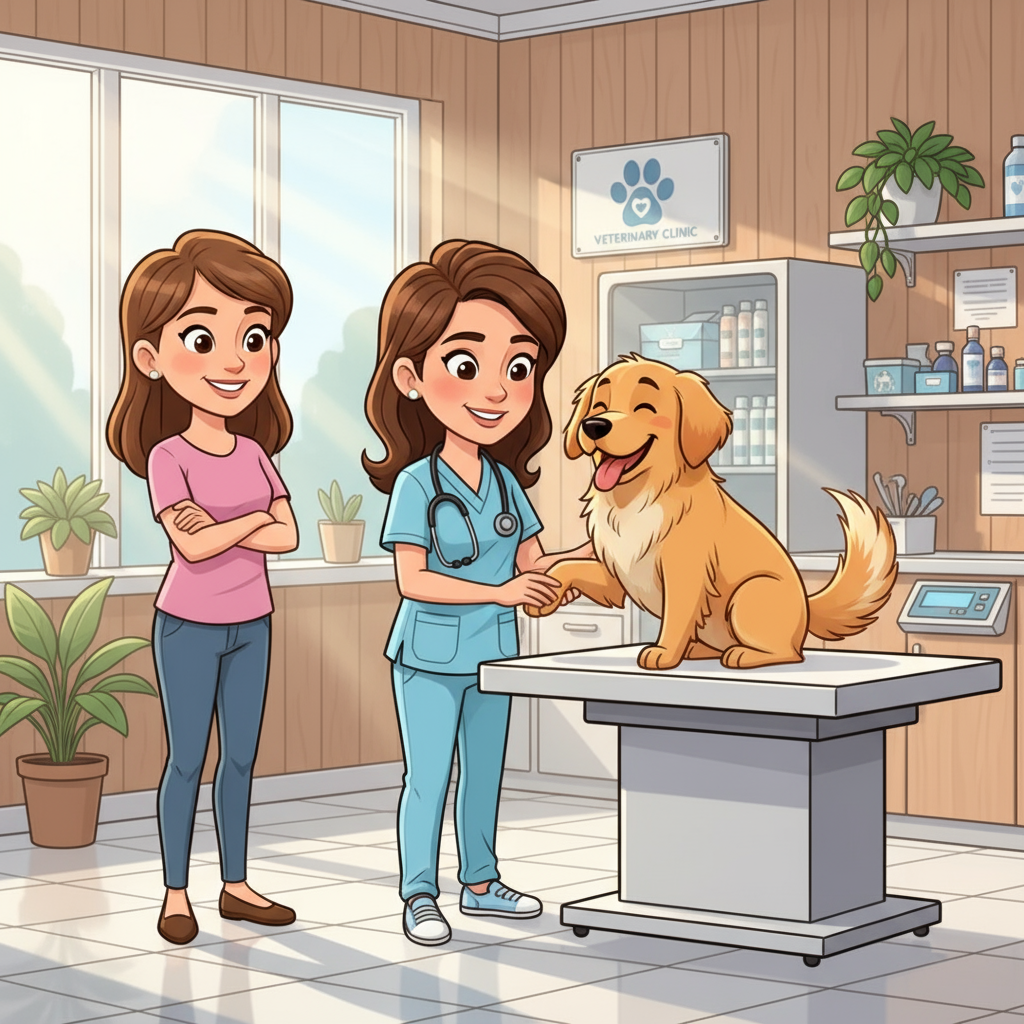 Compassionate veterinarian examining happy golden retriever with pet owner present in clean modern veterinary clinic, representing quality pet healthcare and compassionate animal care services for TV advertising to attract pet owners.