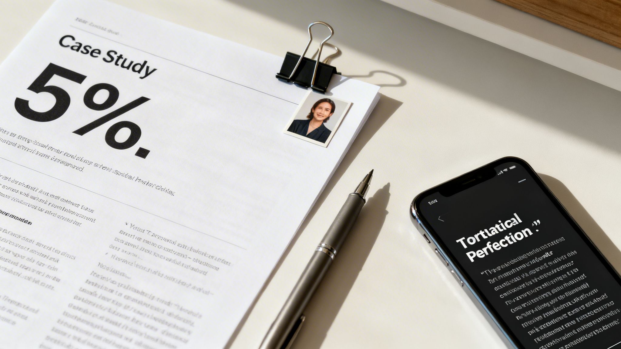 A professional workspace featuring a 'Case Study' document, a smartphone, a pen, and a small photo.
