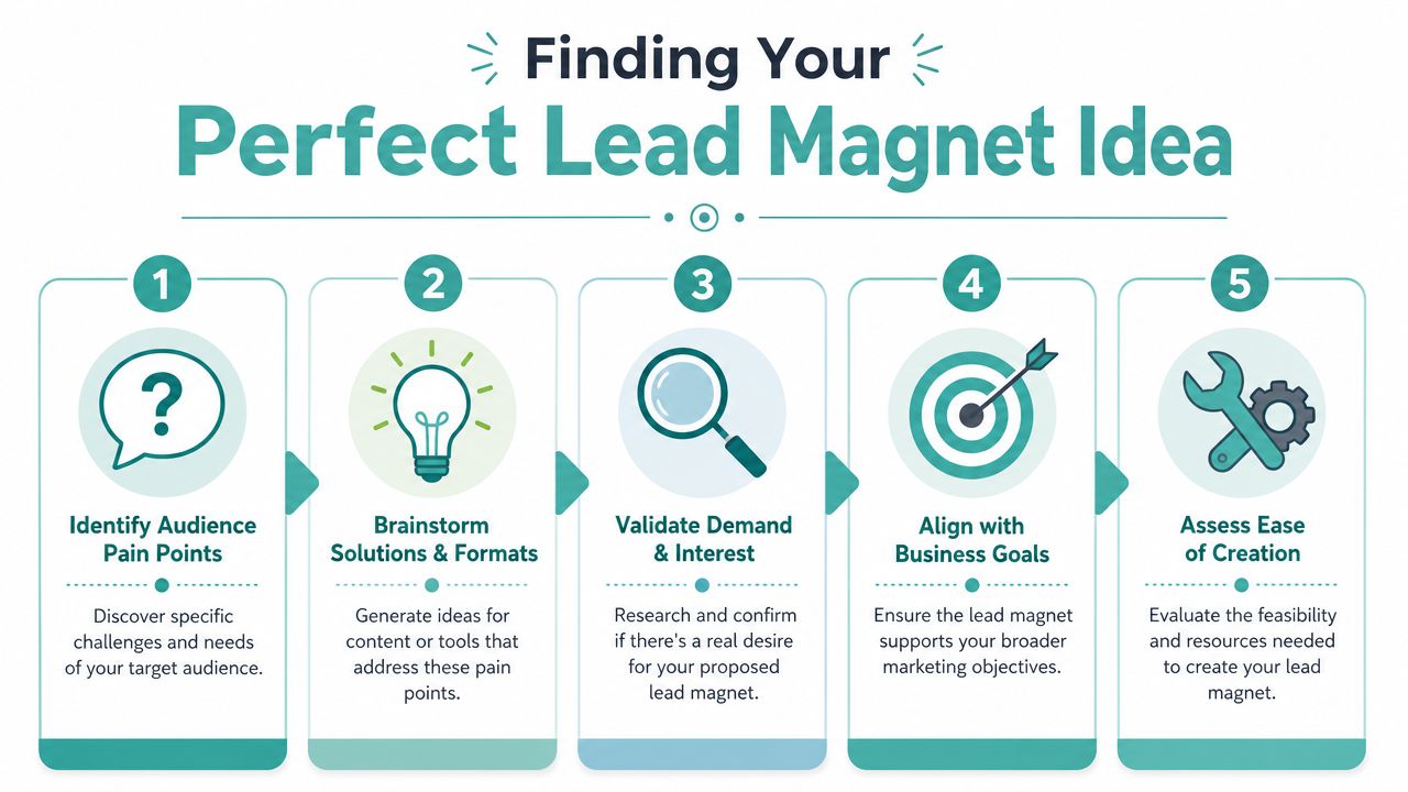 A five-step infographic illustrating the process of finding and creating the perfect lead magnet for marketing.